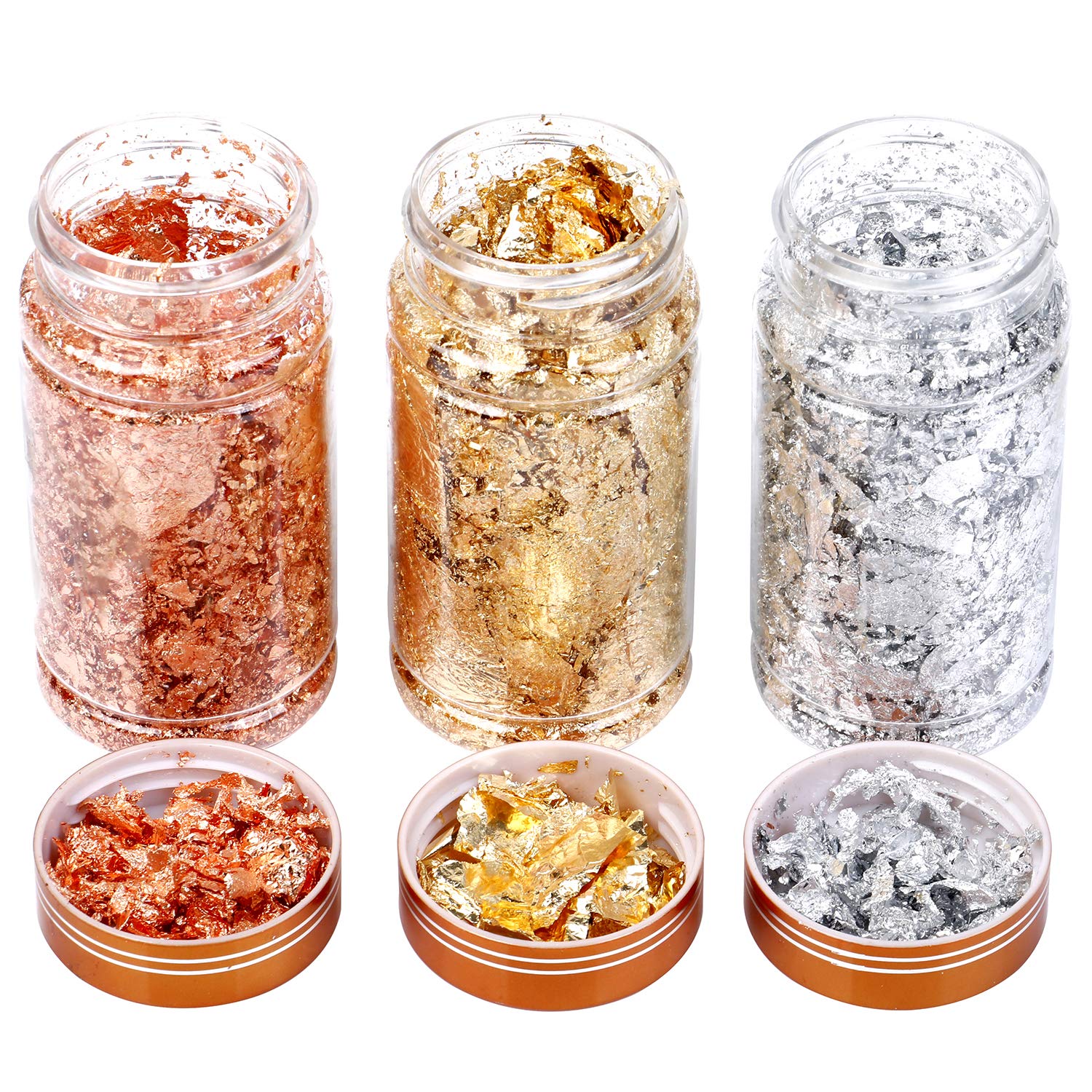 Aliyaduo 3PCS Gold Foil Flakes for Resin Metallic Foil Flakes Imitation Gold Leaf Glue DIY Craft for Nails Slime Resin Jewelry Painting Making (Gold, Silver, Copper)