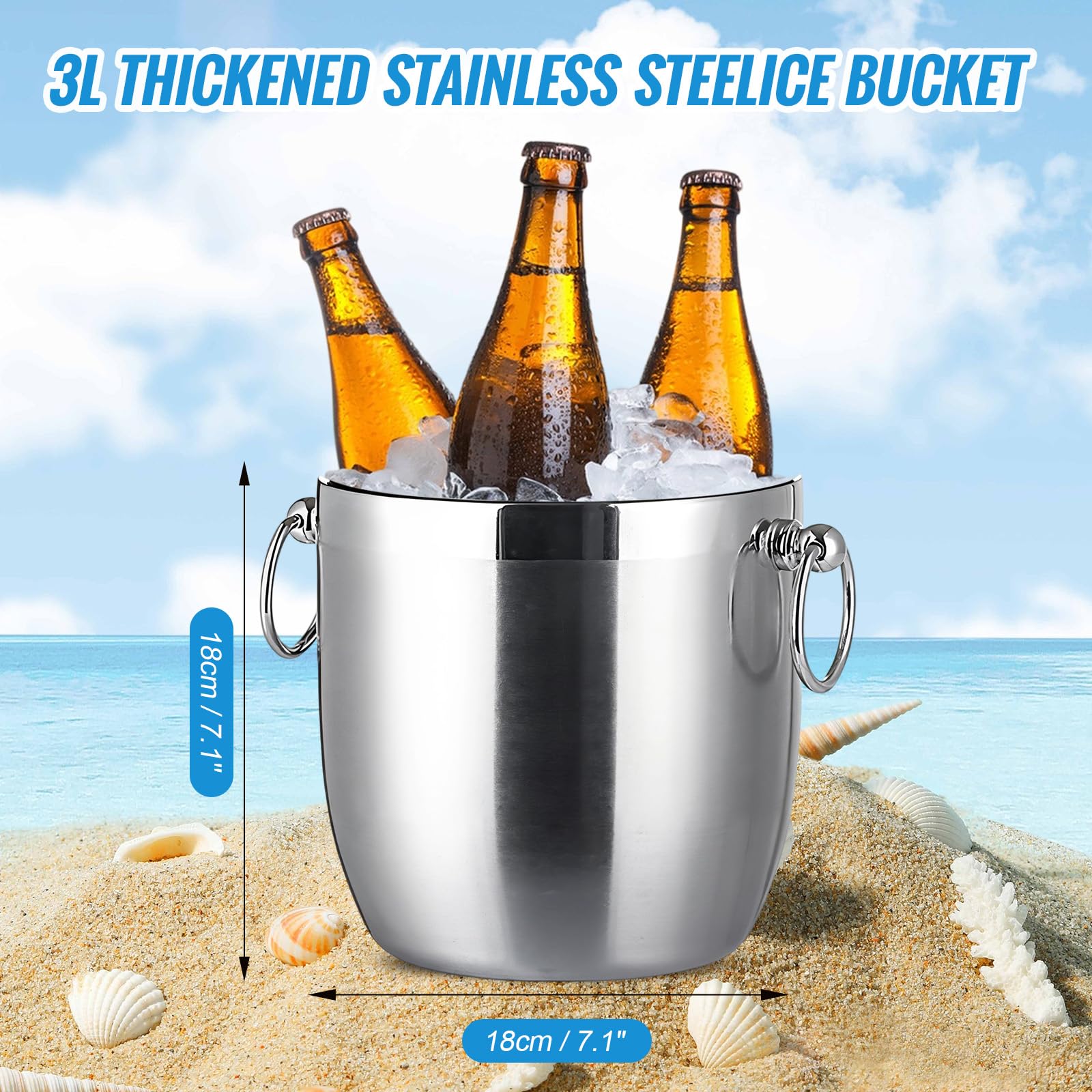 3L Eiswürfelbehälter Edelstahl, Eiskübel mit Deckel, Eisbehälter Doppelwandig mit Clips und Sieb für Kühlen von Bier Champagner Sekt Wein