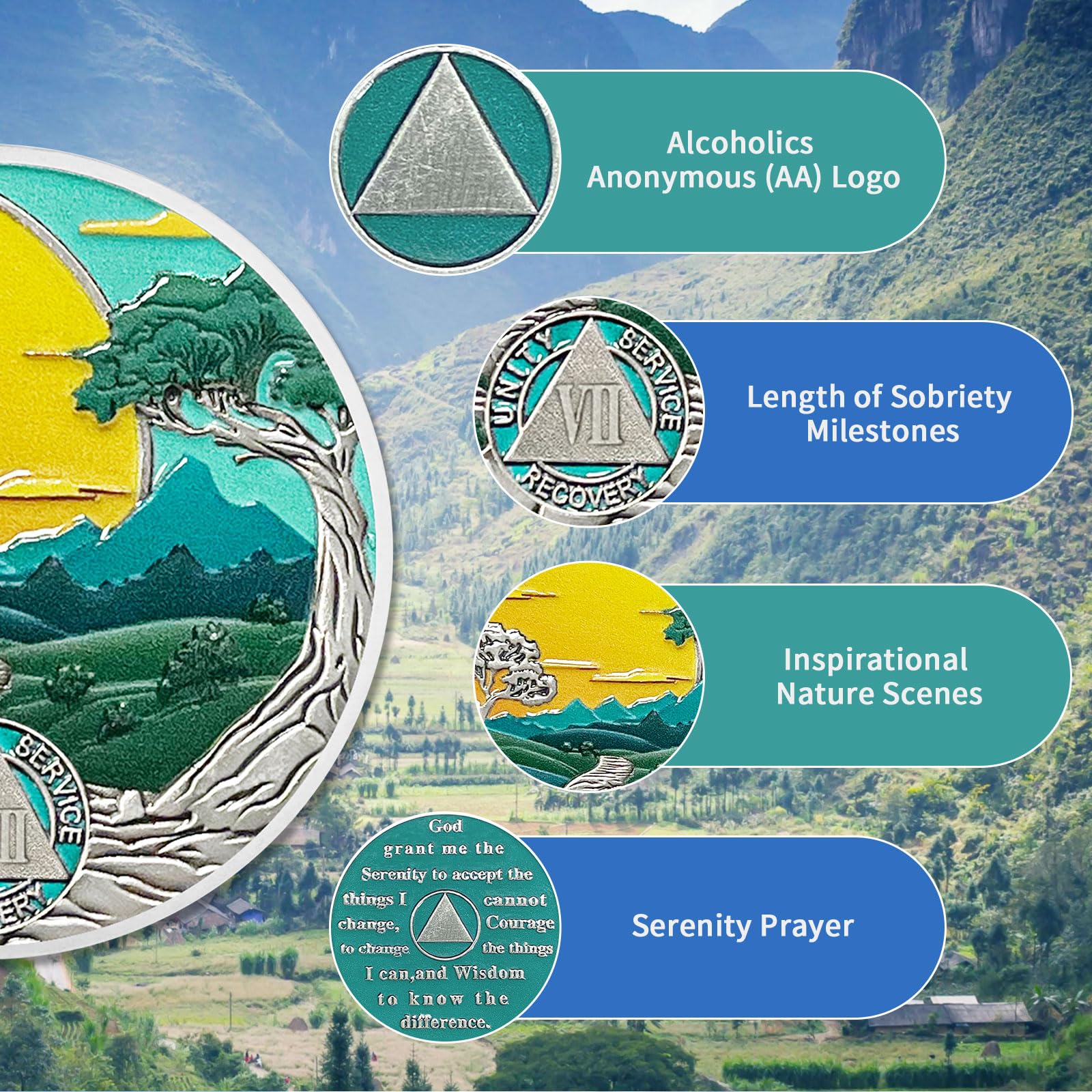 7 Years Sobriety Coin Sun Chips Alcoholics Anonymous Medallion AA Chips and Medallion Sobriety Gifts for Men Women Anniversary Token Recovery Gift Forest Tree Coin - Image 4