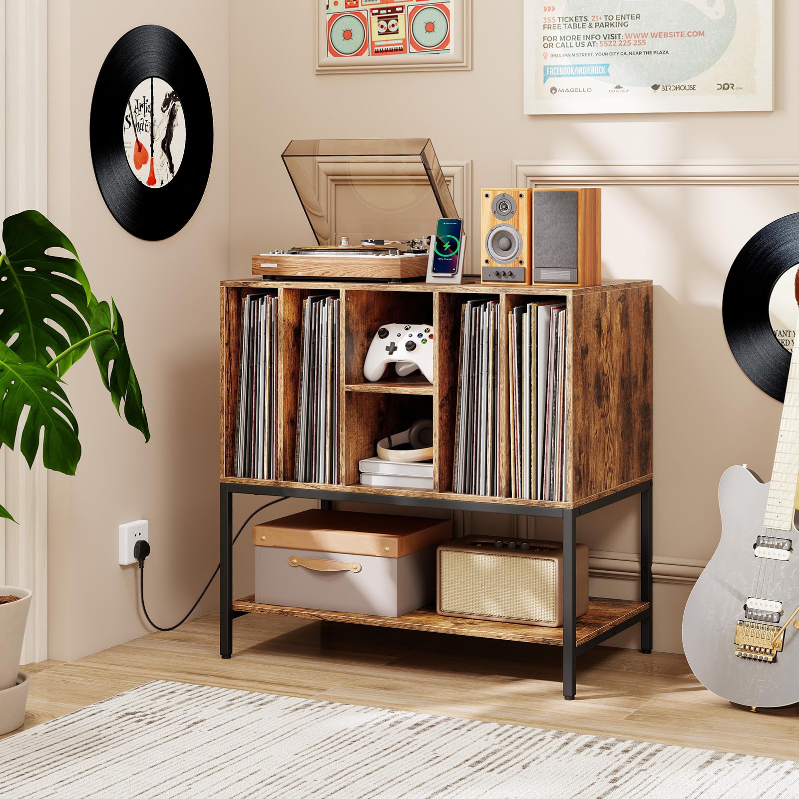 KOMFOTTEU Meuble Platine Vinyle avec Station de Charge, Support de Tourne-Disque, 80 x 45 x 79,5 cm, Industriel