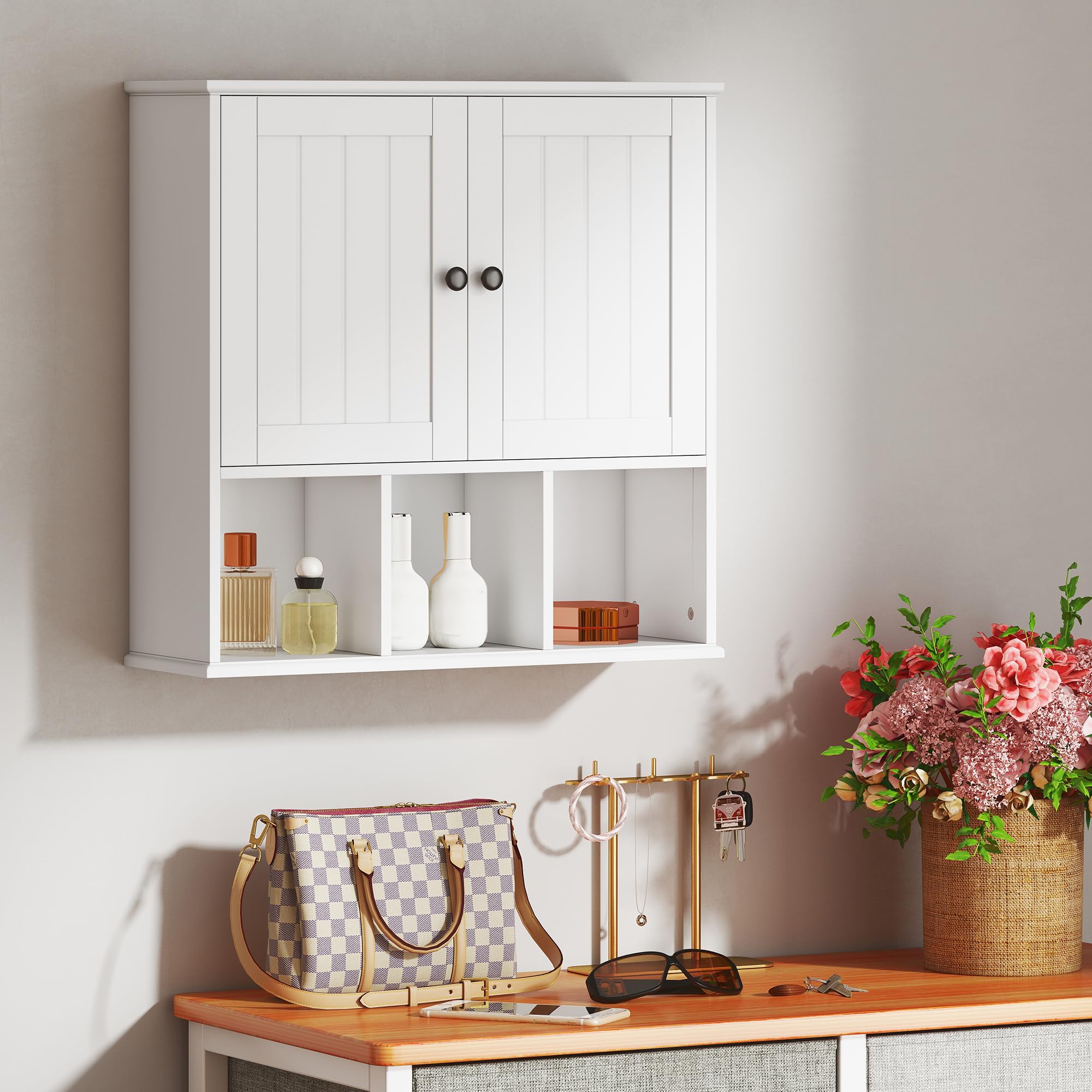 HOMCOM Armoire Murale de Salle de Bain 2 Portes 60 x 19,5 x 60 cm Blanc | Meuble de Rangement Suspendu pour Salle de Bains, Étagère Réglable, Compartiments Ouverts, Meuble WC Suspendu
