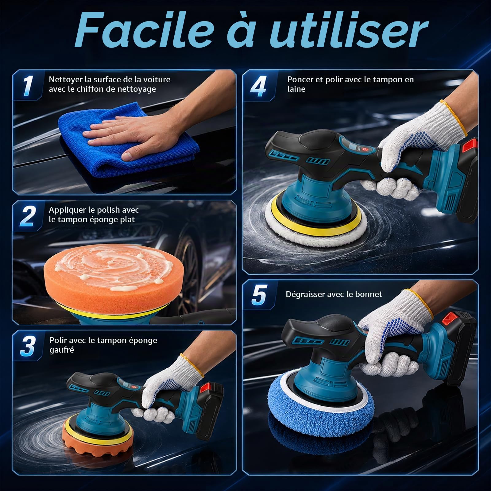 Polisseuse de Voiture Sans Fil avec 2 Batteries, 8 Vitesses Variables