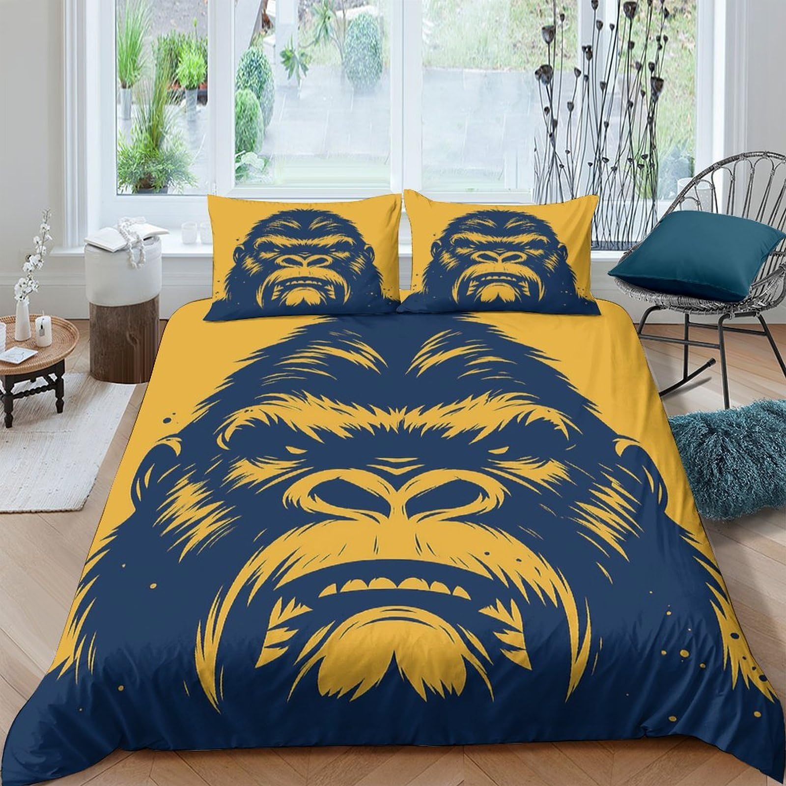 GPLZQXKJNH 3D Printed Gorilla Face Duvet Cover Microfiber Soft Yellow Blue Bedding Set with 2 Pillowcases for Bedroom Decor Single（135x200cm）