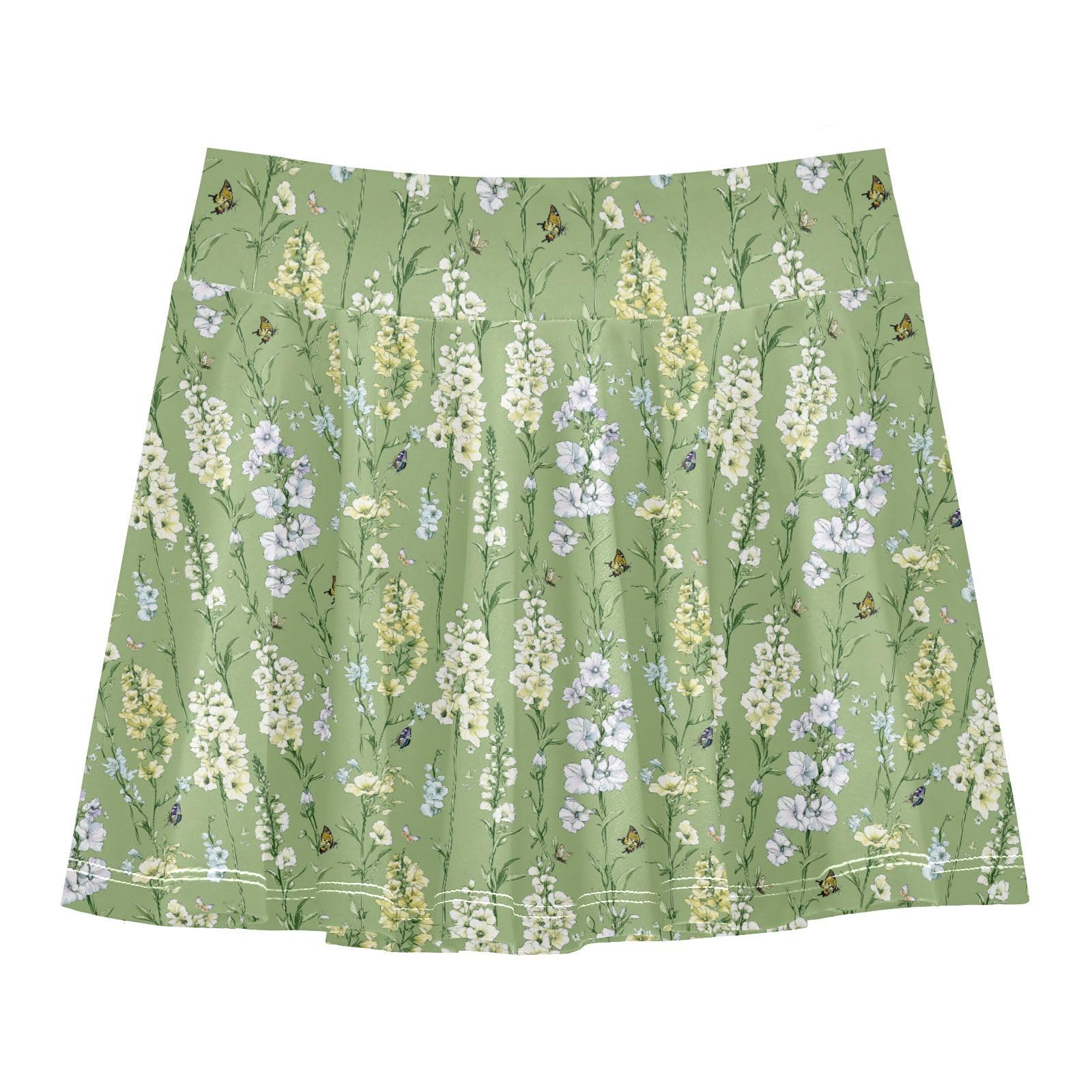 Sage Green Florals Girls Skorts with Built-in Shorts Flowy Little Girl Active Skort Kids Pleated Skirt with Pockets 4-12Y