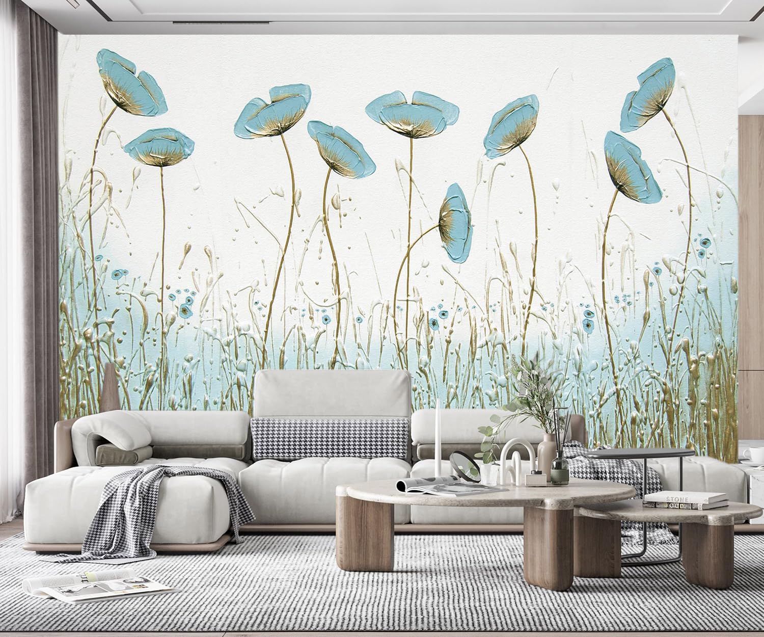songqians Wallpaper 3D Mural Blue Flower Abstract Murals Wallpaper Bedroom and Living Room Decoration -SQ016-200x140cm（Width x Height）