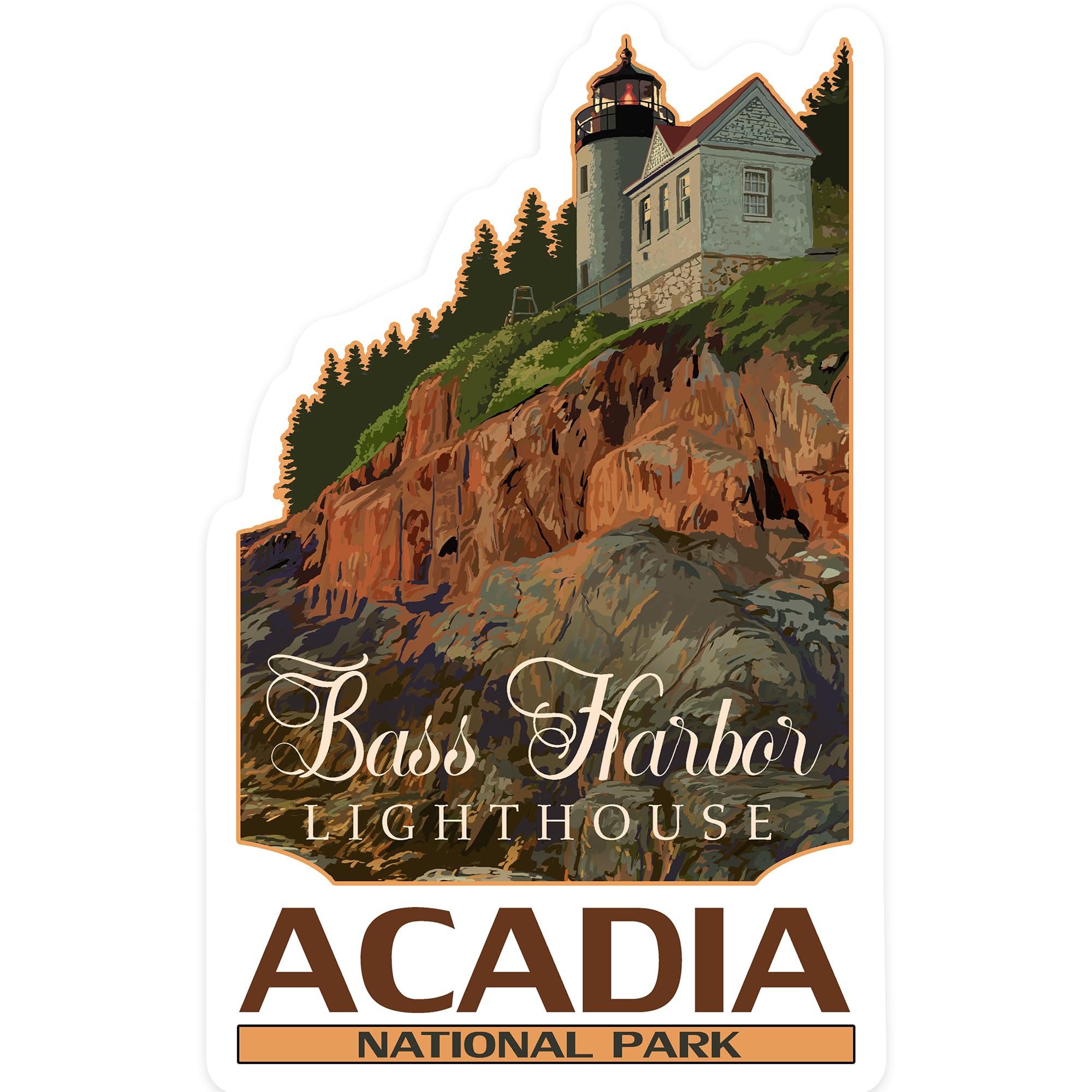 Lantern Press Sticker Acadia National Park, Maine, Bass Harbor Lighthouse, Die Cut Vinyl, (Waterproof Decal for Cars, Water Bottles, Laptops, Coolers)