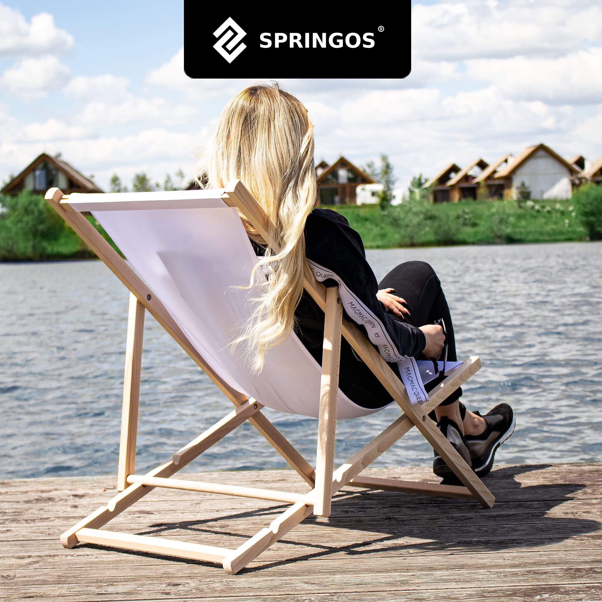 SPRINGOS - Sedia a sdraio pieghevole in legno massiccio, per giardino e piccoli balconi, sistema di sicurezza in 3 posizioni, pieghevole, in legno e tessuto