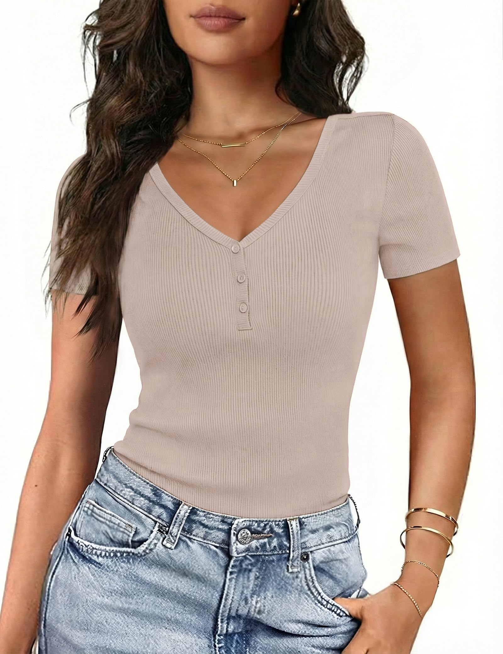 Gyabnw Damen Kurzarm T Shirt mit V Ausschnitt und Henley Knopfleiste Slim Fit Stretch Stoff weiches Elegantes Basic Shirt Sommer Oberteile Damen