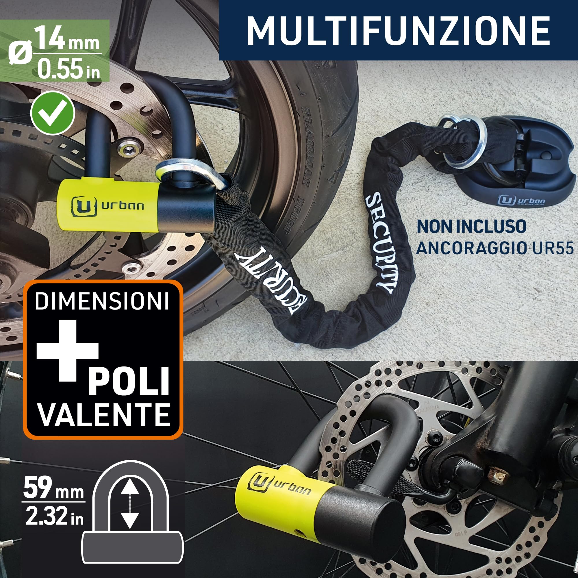 URBAN UR59120 - Lucchetto antifurto mini U con catena con fiocco da 120 cm, doppia funzione più sicura per lucchetto moto disco, serratura ad alta sicurezza e doppia chiusura, antifurto universale per