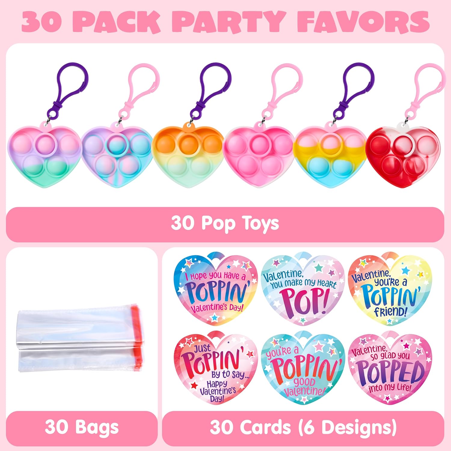 JOYIN 30 Packs Valentines Day Gifts for Kids, Pop Bubble Keychain with Heart Valentines Day Cards for Kid School Classroom Exchange Prize, Stress Relief Fidget Toy for Girl Boy Valentine Party Favor image 3