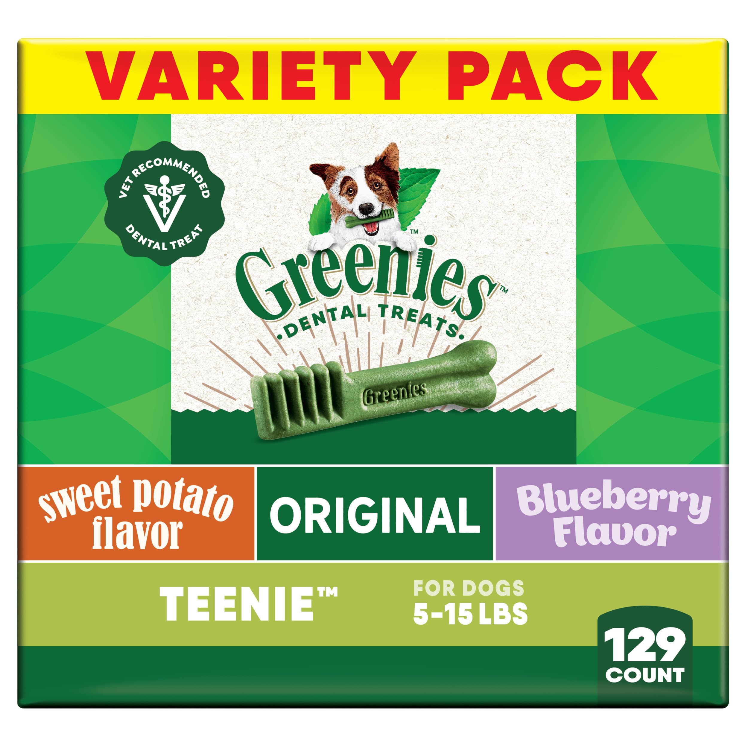 Greenies Veterinarian-Recommended Adult Natural Dental Dog Treats Teenie Size, Original Flavor, Sweet Potato Flavor, and Blueberry Flavor, (3) 12 oz. Packs, 129 Count