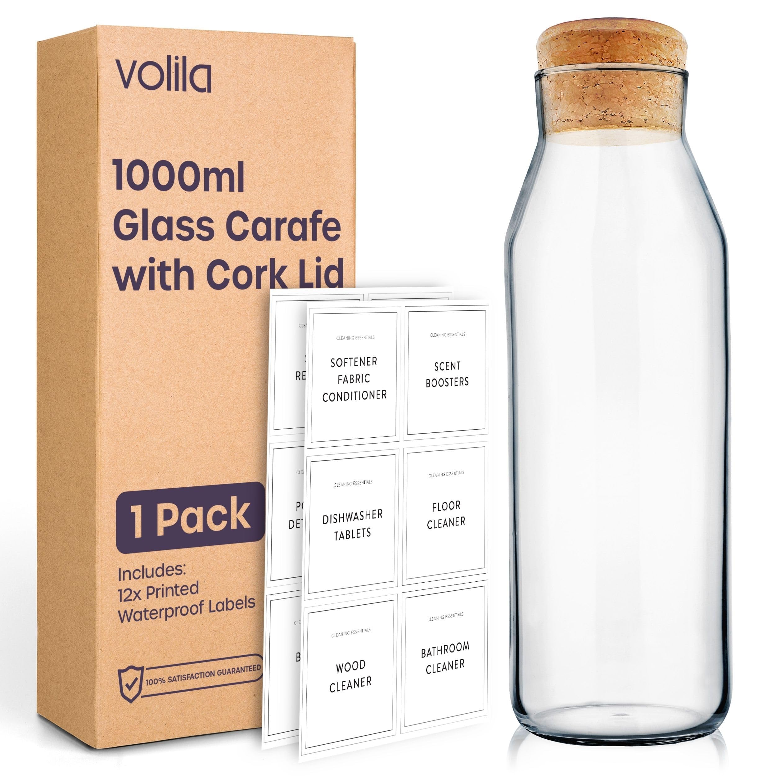 1L Water Carafe - 1 Pack Glass Carafe with Lid for Cold Drink, Milk, and Juice Jars - Versatile Glass Bottles for Detergent Storage