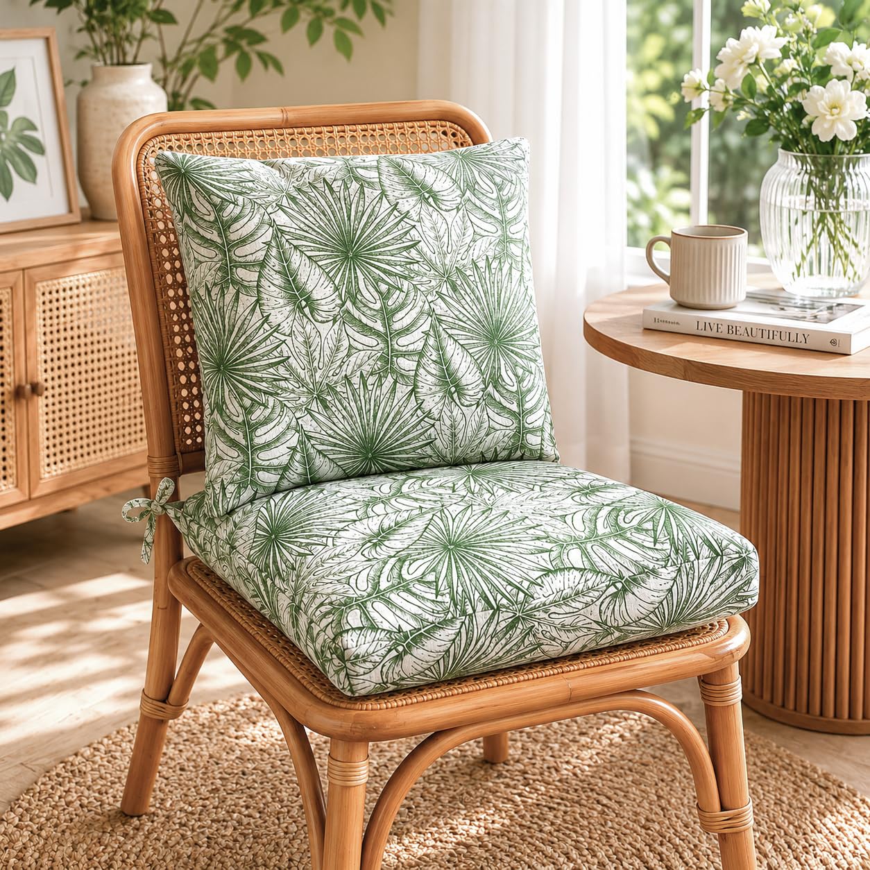Viste tu hogar Pack 6 Cojines Silla Exterior 40x40cm, Tela Alta Densidad, 50% algodón 50% Poliéster, Impermeables, Resistentes UV Y Desgarro, Lazos De Sujeción,Hoja Gruesa Verde,Fabricado En España