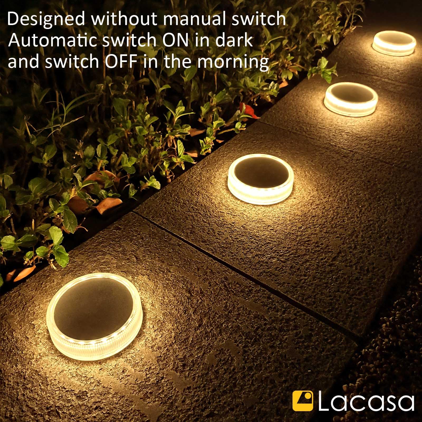 Lacasa Luces Solares Jardin, 4 Pack 30LM LED Lámpara Solar Exterior IP68 Impermeable Luz Solar del Piso Auto ON/OFF Lámparas Solares para Step Camino Deck Dock Valla, Blanco Cálido 2700K Redondo