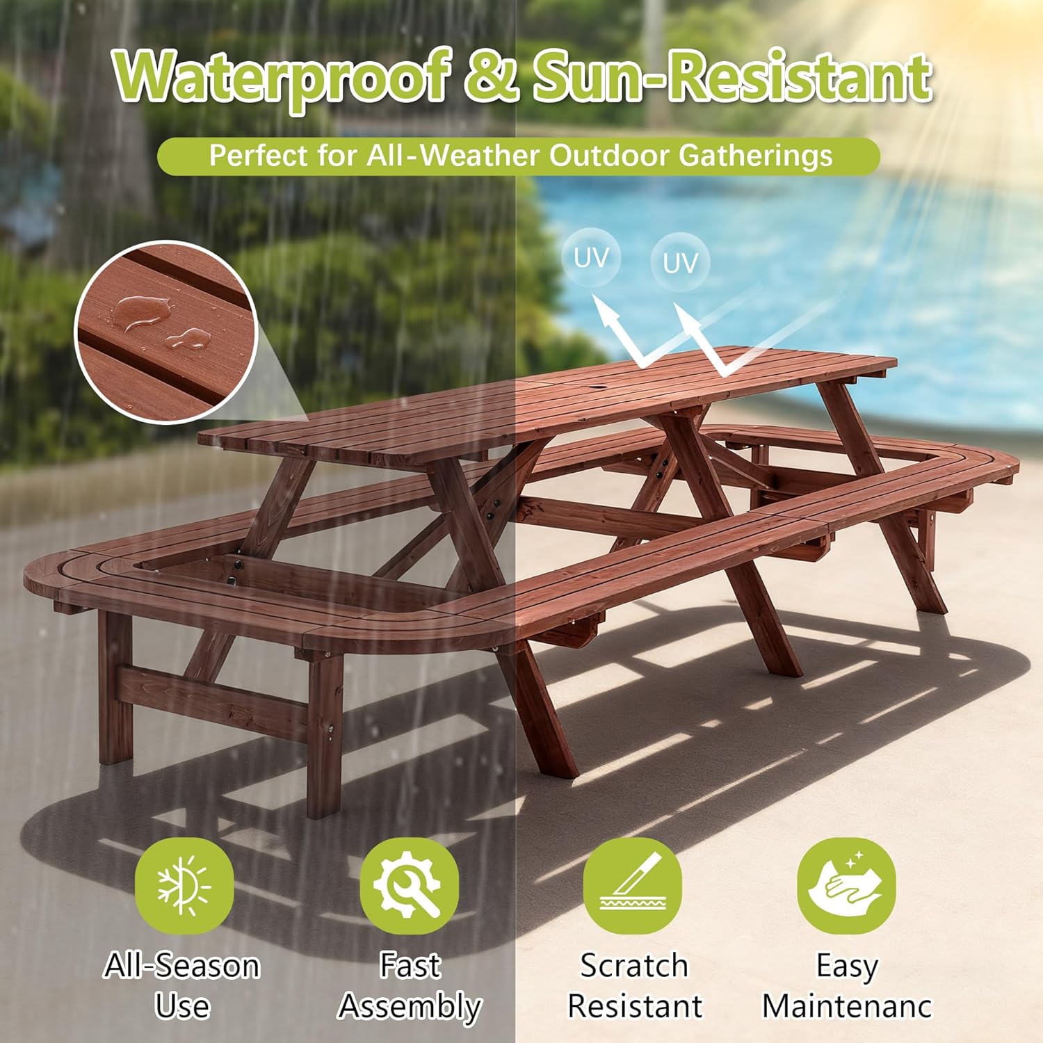 121 Inch Outdoor Wooden Rectangle Picnic Table with Oval Connected Benches for 14-16 Persons, for Patio, Garden, Backyard, Large Outside Dining Set with Umbrella Hole,Brown