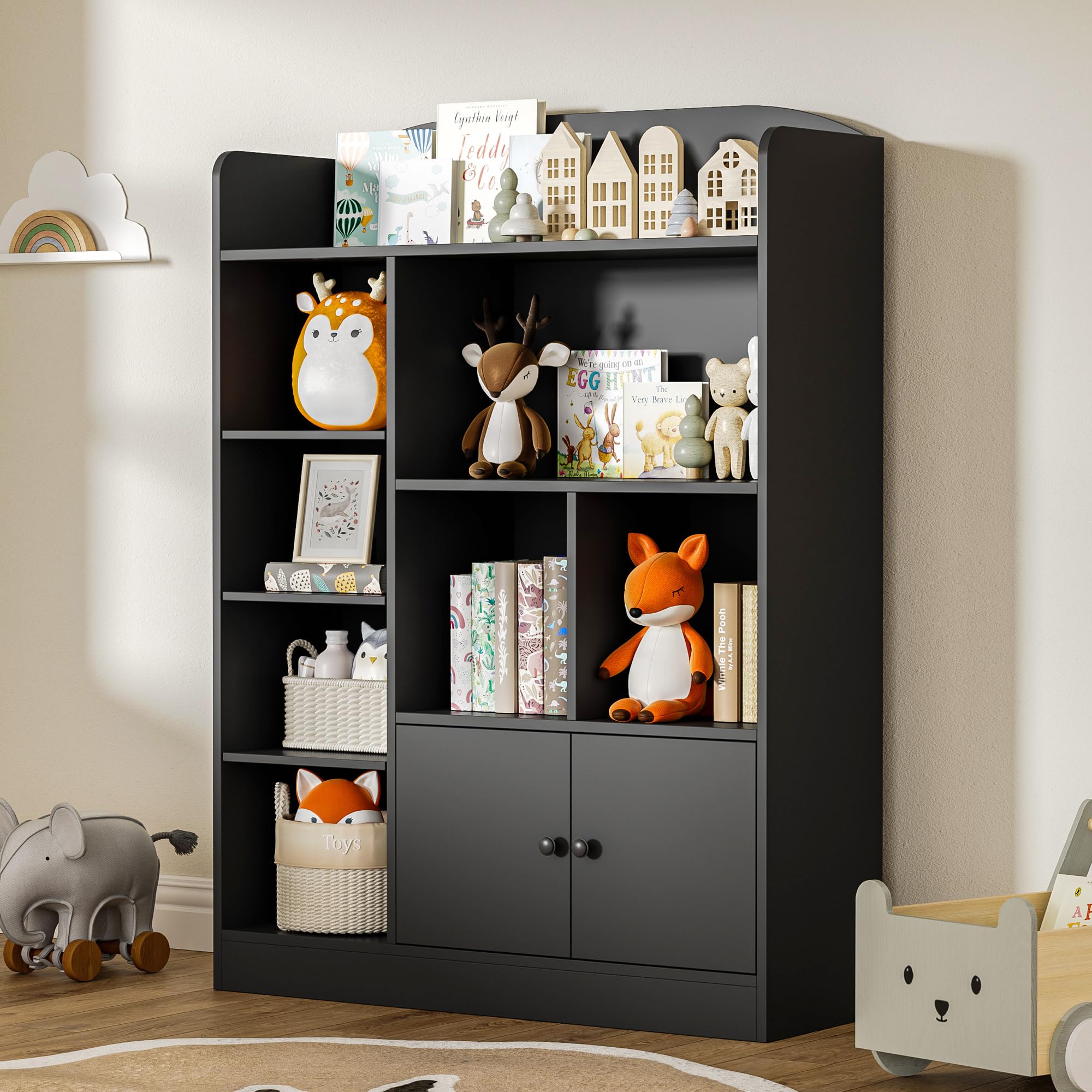 Black Kids Bookshelf, Kids Bookcase with 7 Cubbies and 2 Cabinets, Freestanding Book Storage Shelves for Bedroom, Playroom, Hallway