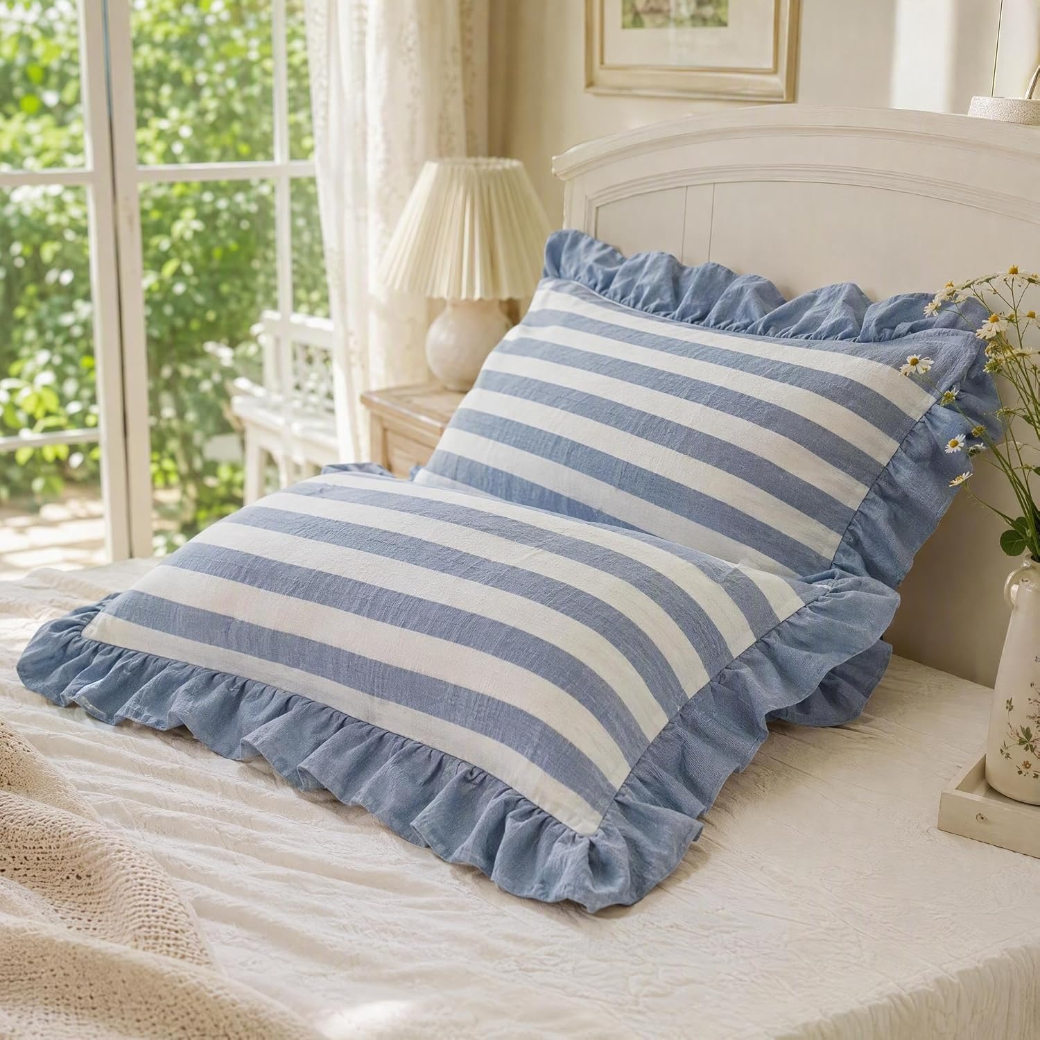 Pillow Cases 100% Cotton 2 Pcs Ruffle Striped Pillow Shams Chic Bedding