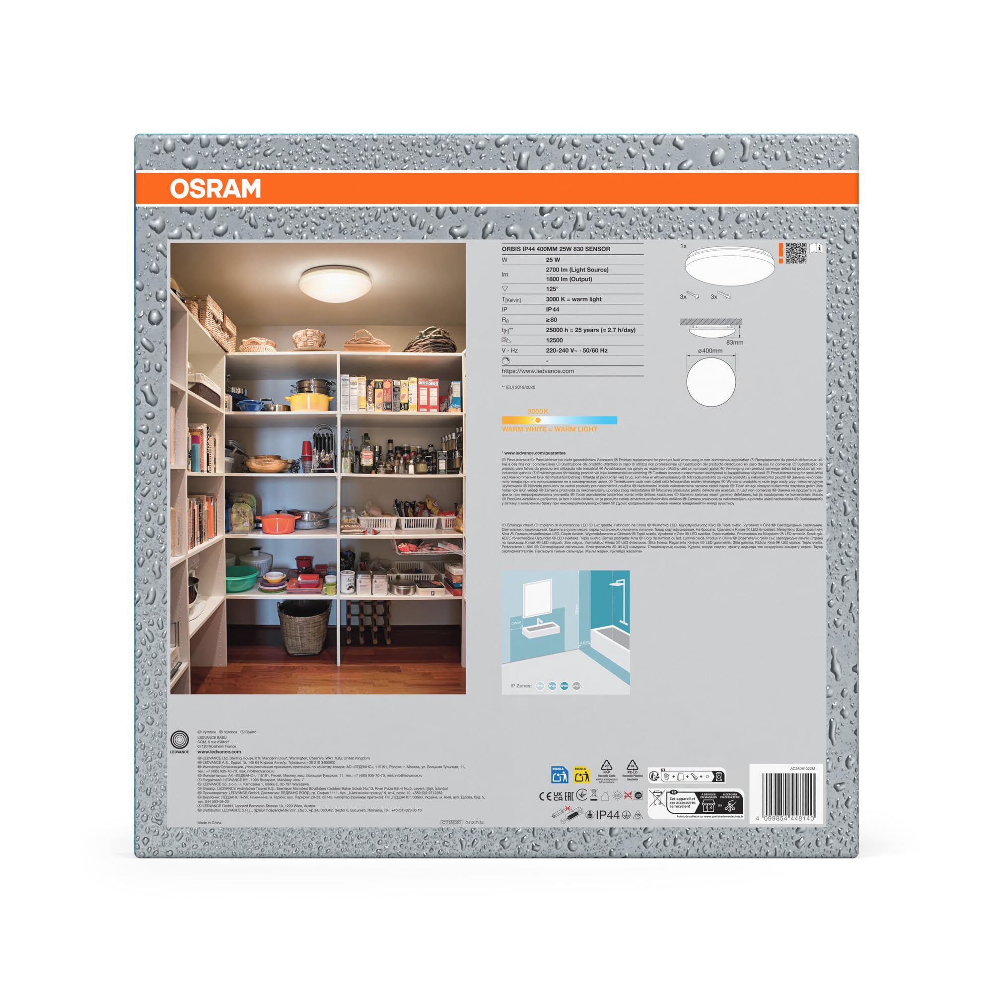 Osram Orbis Sensor-Deckenleuchte IP44 400mm | Orbis IP44 Sensor, Indoor Wall Lighting, Weiß, 400 mm dia, 25000 h, 1-Pack