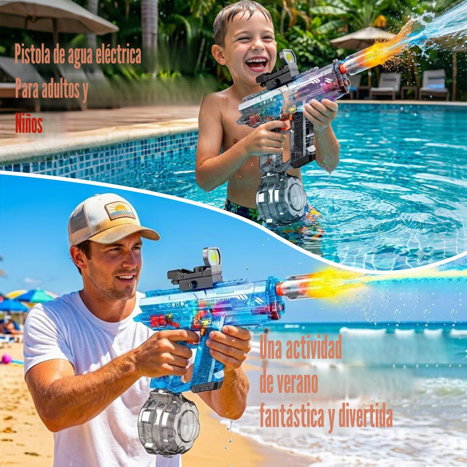 Pistola De Agua EléCtrica para NiñOs, Pistola Agua De Largo Alcance | Electric Water Gun Con Luz Led 800ml Juguetes Para Fiestas En La Playa Y En La Piscina, Regalos Para Adultos NiñAs Pack de 2
