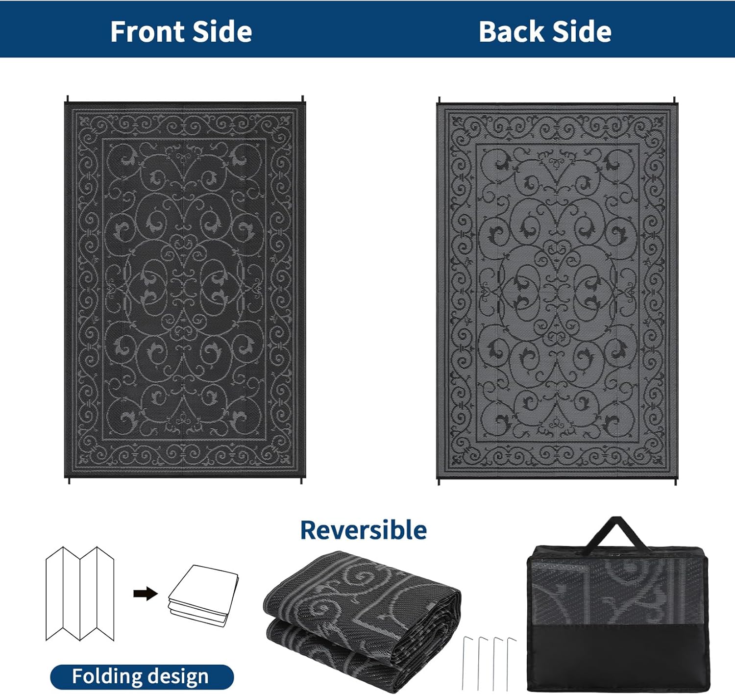 GAOMON Outdoor Patio Rug 8x10 Reversible Camping Mat, Stain-Resistant Plastic Straw Rug, Easy to Clean, Waterproof Indoor Outdoor Carpet for Porch, Deck, Balcony, Beach, GardenVintage-Black&Grey