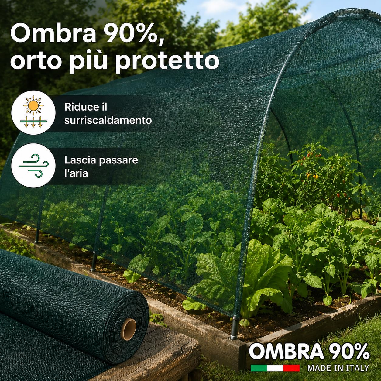 Masterbrico Rete Ombreggiante Verde per Orto, Ombra 90% — 400 cm x 25 metri | Filo piatto UV-resistente, indemagliabile — ideale per frangivista, frangisole, orto e tunnel agricoli