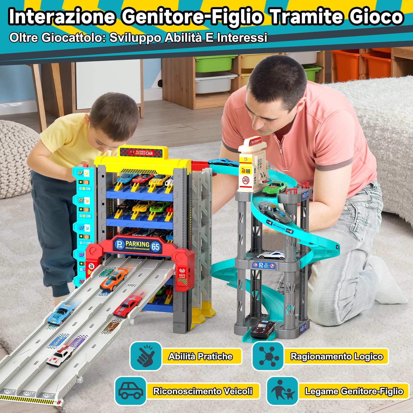 JONRRYIN Macchine Pista Bambini, Piste da Corsa con 5 Piani Garage, Giocattolo Pista Spirale con 12 Auto in Lega e 2 Aereo per Bambin 3+ Anni, Stazione di Servizio con Pompa di Benzina
