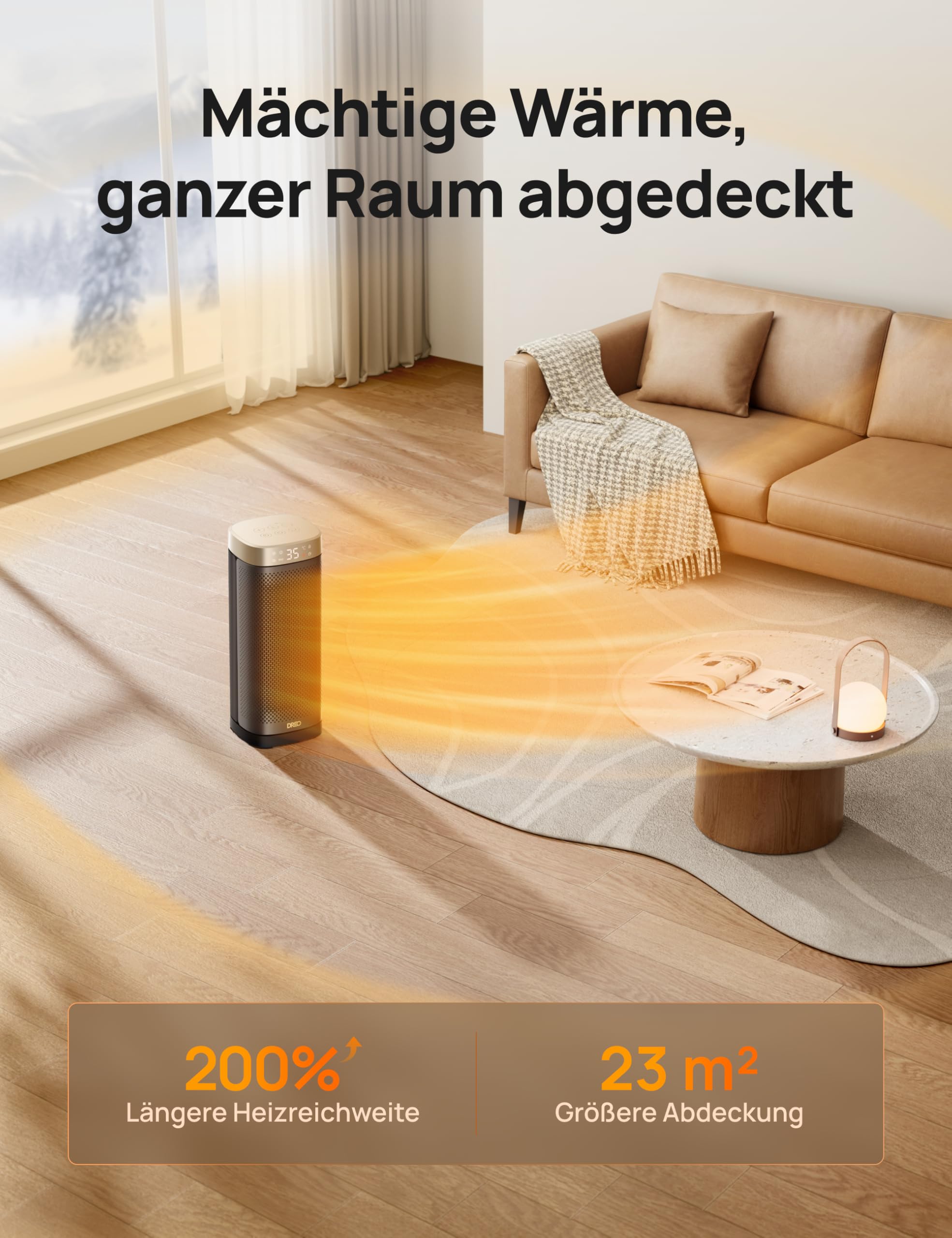 DREO Heizlüfter Energiesparend Leise, 2000W Keramik Heizung mit Thermostat, 12-Std-Timer, 3 Modi, 70° Oszillation, 16 Zoll Elektroheizung für Räume, Überhitzungs-Kippschutz, Solaris Slim H2, Gold