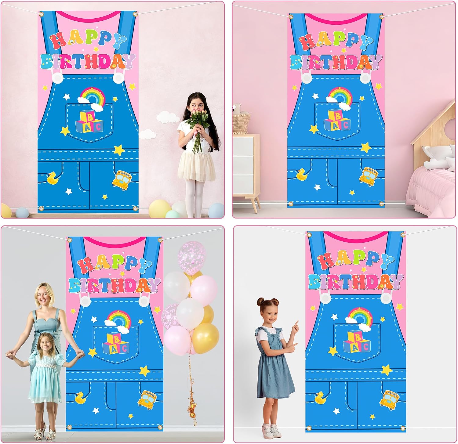 Girls Happy Birthday Door Cover Cartoon Girl Birthday Hanging Banner English Teacher Door Backdrop Cartoon Teacher Porch Banner Kids Girls Birthday Party Supplies for Home Entryway Wall Decoration