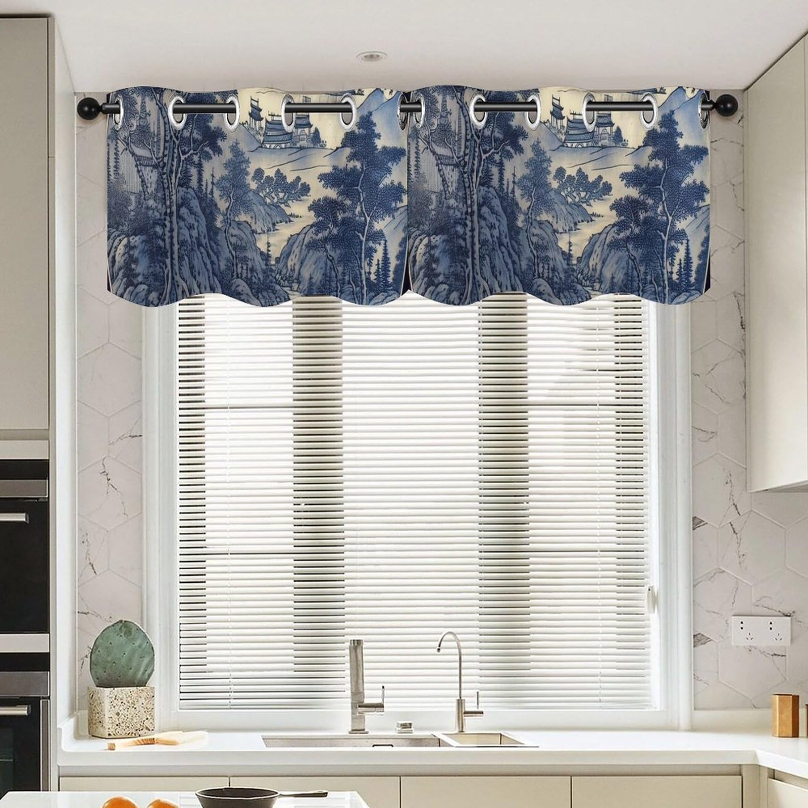 Cantonnières chinoiserie bleu pagode 132x45 cm pour cuisine et salon | Lot de 2