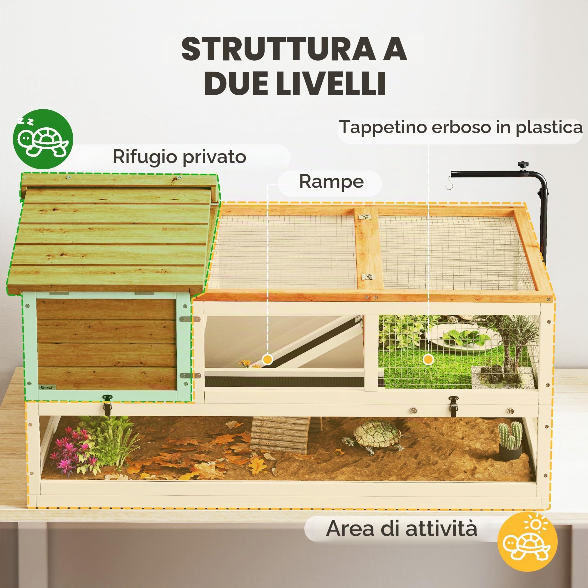PawHut Recinto per tartarughe in legno con due case principali incernierate - Supporto lampada - Gabbia esterna per rettili - 116 x 70,5 x 69,5 cm, arancione
