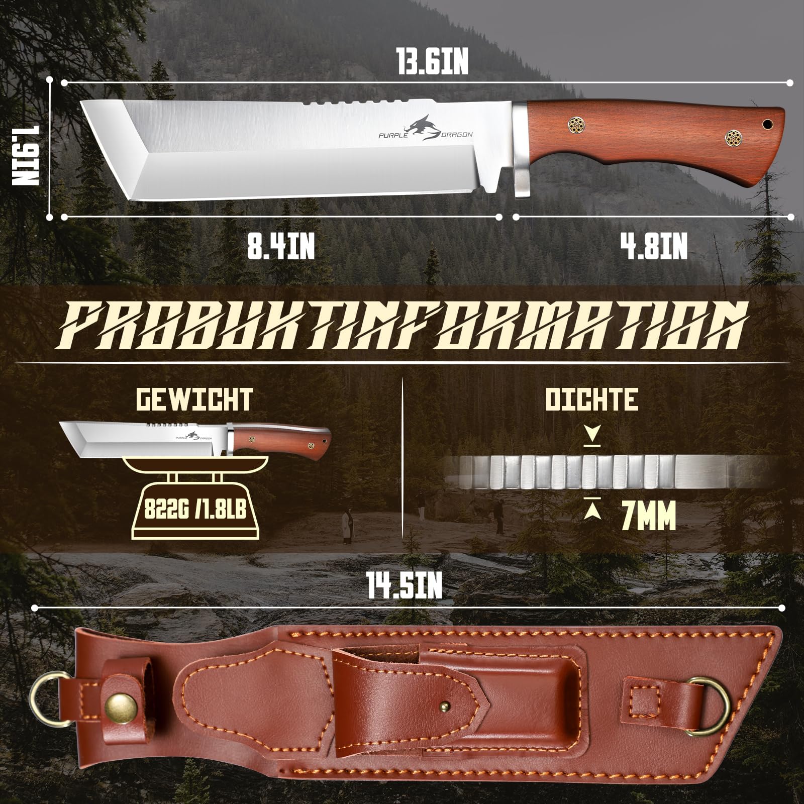 Purple Dragon Großes Messer zum Holzhacken, Machete Scharf Echt mit 7mm Klingenrücken, Tanto Messers mit Scheide, Outdoor Messers aus Hochkohlenstoffstahl gefertigt, Geschenke für Männer