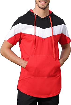 Mens Lightweight Hip Hop Longline Contrast Color Short Sleeve Hooded T Shirt Hoodie with Kanga Pocket