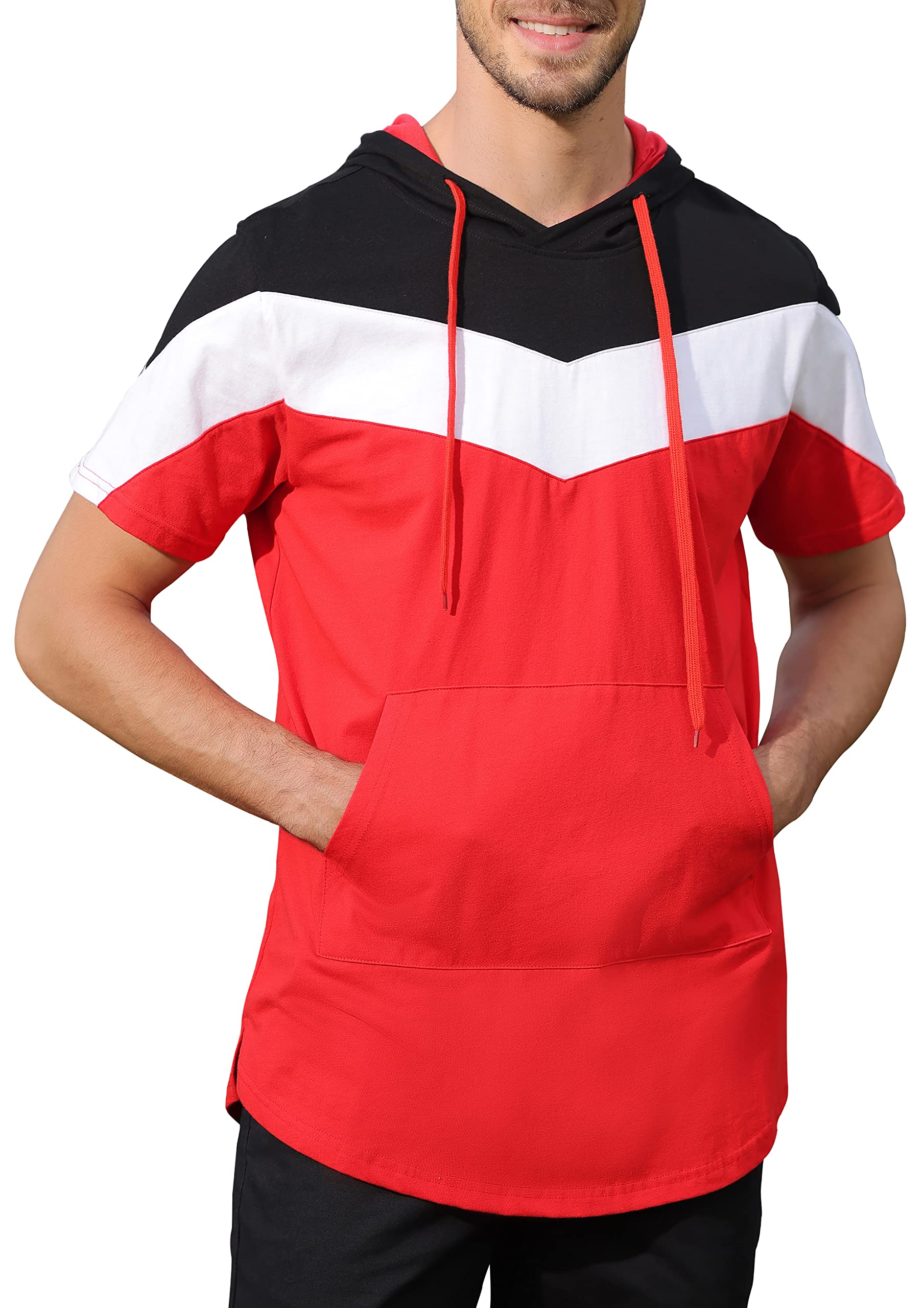 Mooncolour Men's Lightweight Hip Hop Longline Contrast Color Short Sleeve Hooded T Shirt Hoodie with Kanga Pocket - Black - Medium