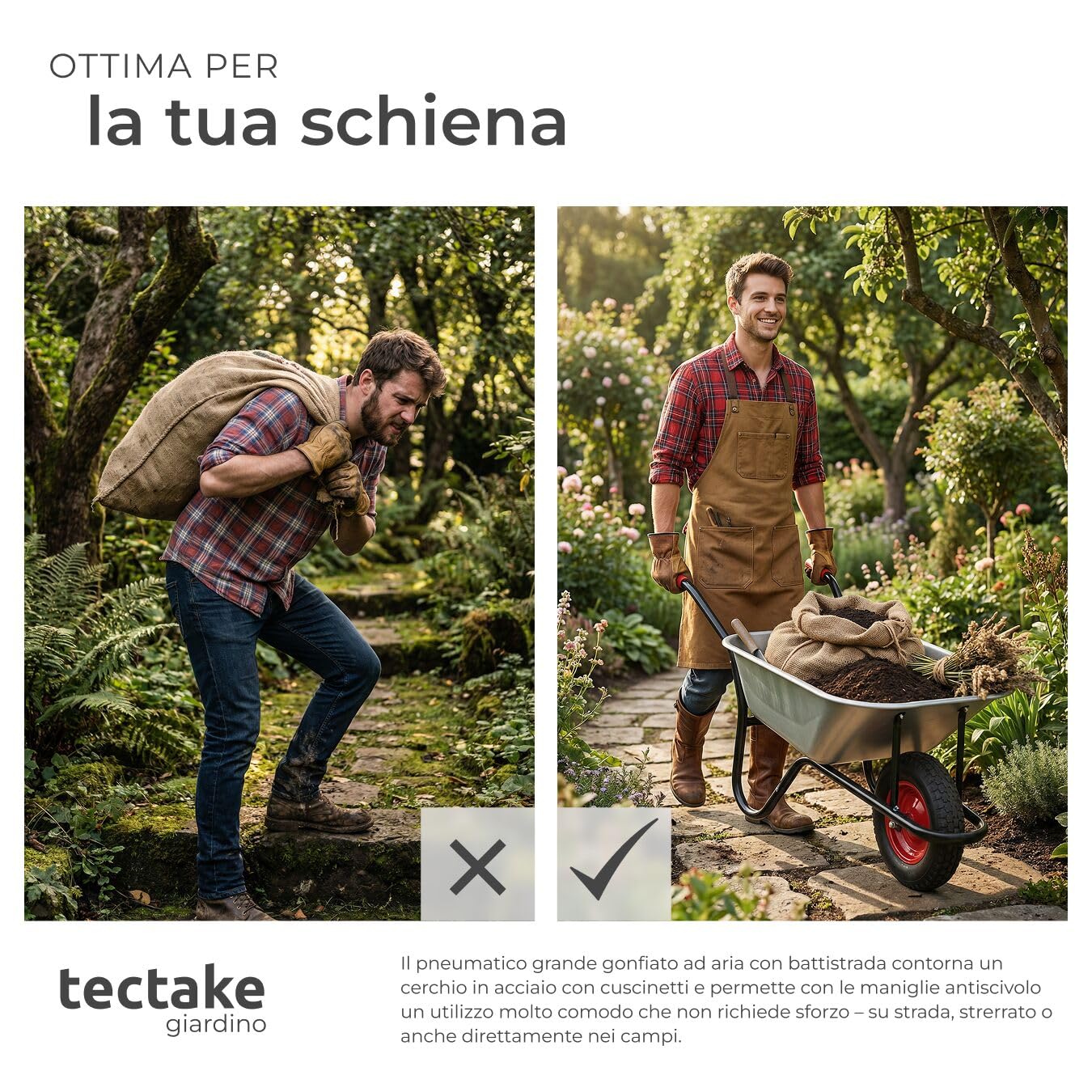 tectake® Carriola da Giardino, Volume 100L, Carico Max 250kg, Carrello da Giardino Porta Attrezzi, Vasca Zincata con 2 staffe di Rinforzo, Pneumatici Con Cerchio in Metallo Ø 38 cm, Manici Antiscivolo