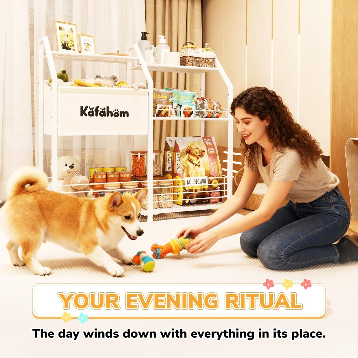 KAFAHOM Dog Toy Basket, Large Dog Toy Bin with Can Dispenser, Pet Toy box with Storage Shelf, Dog Stuff with Collar Leash Holder Rod, Ultimate Pet Furniture & Essentials, Dog Lover Gifts