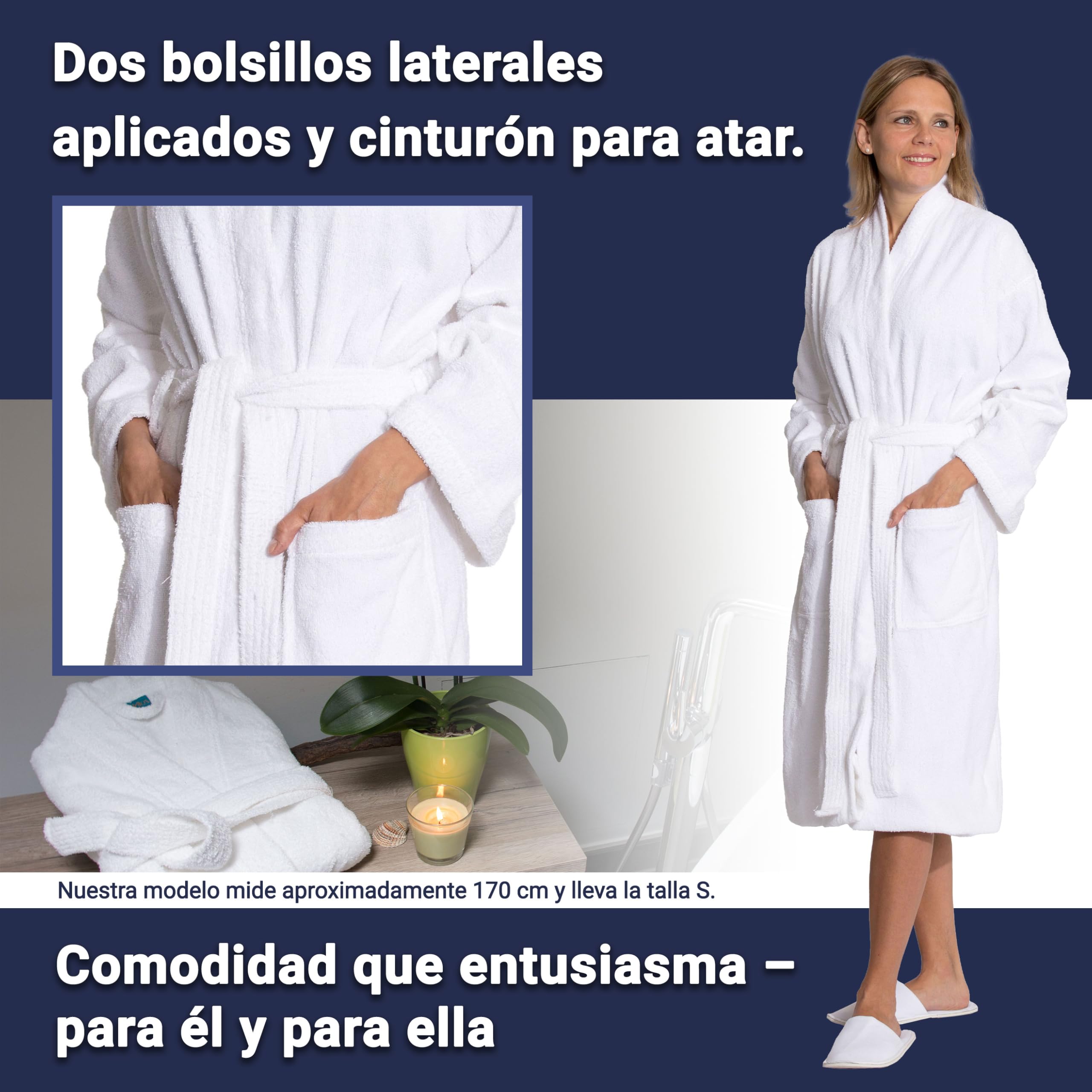 ZOLLNER Albornoz en blanco: agradable al tacto y muy absorbente, para mujer y hombre, algodón, tallas S-6XL, lavable hasta 95 °C, calidad de hotel, certificado Oeko Tex®, 019