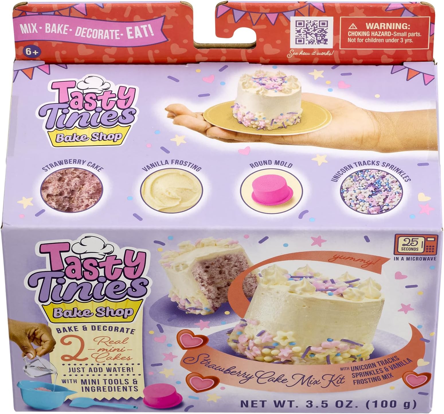 Goliath Tasty Tinies Bake Shop Strawberry Cake Mix Kit with Unicorn Tracks Sprinkles & Vanilla Frosting Mix | Bake & Decorate 2 Real Mini Cakes | Includes Mini Tools & Ingredients | Ages 6+