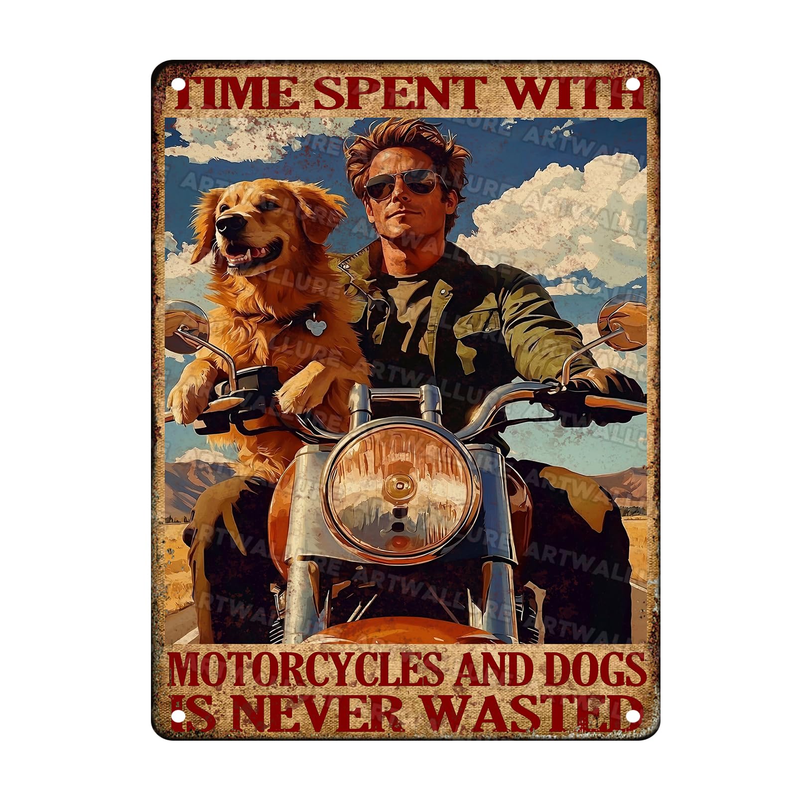 Vintage Dog Sign Time Spent Motorcycles and Dogs is Never Wasted Metal Sign Man With Dog Tin Sign Bar Man Cave Home Bedroom Office Kitchen Sign 12x16inch
