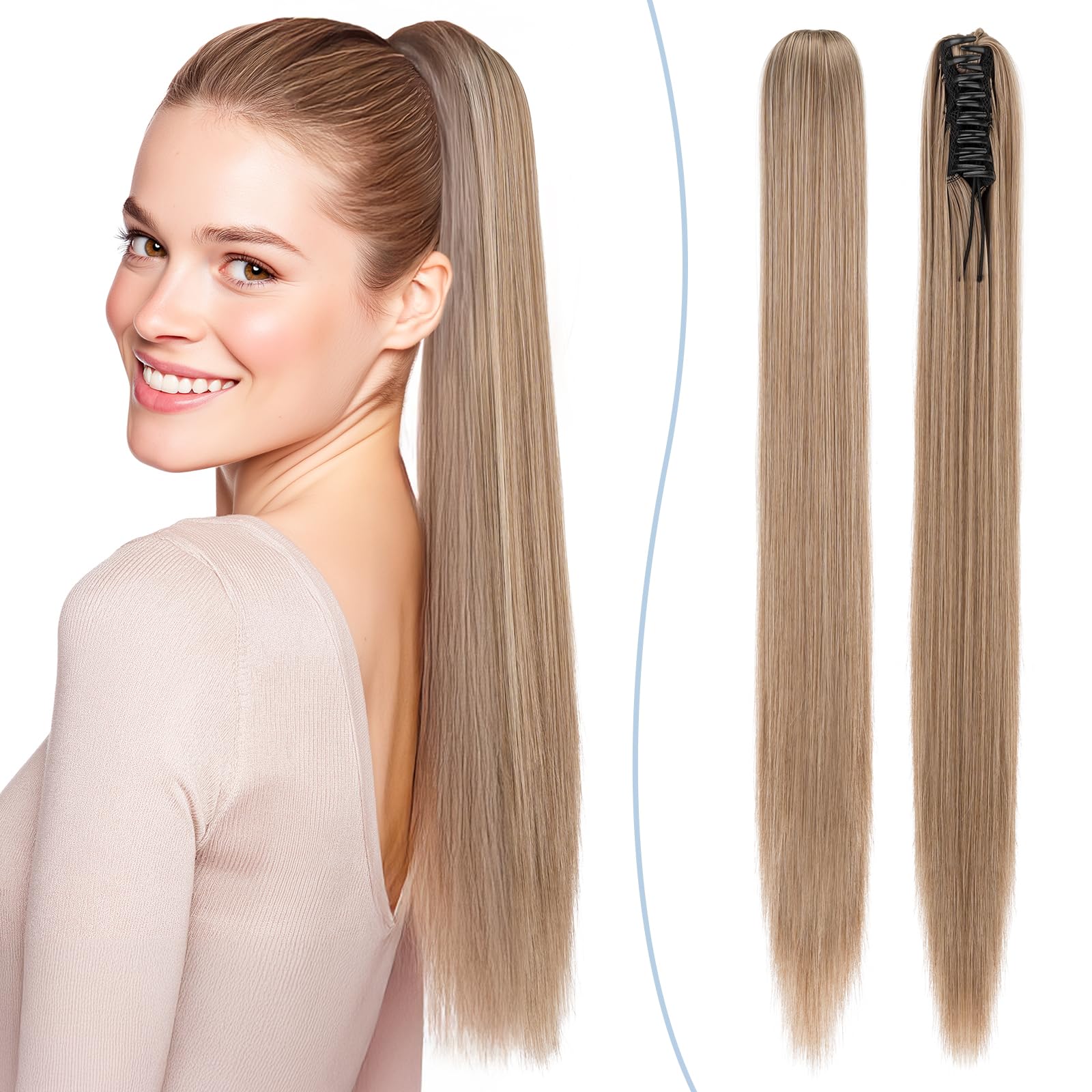 SEGO 21 Inch Claw On Ponytail Extension Straight Clip In Pony tail Synthetic Hairpiece, Light Brown & Bleach Blonde