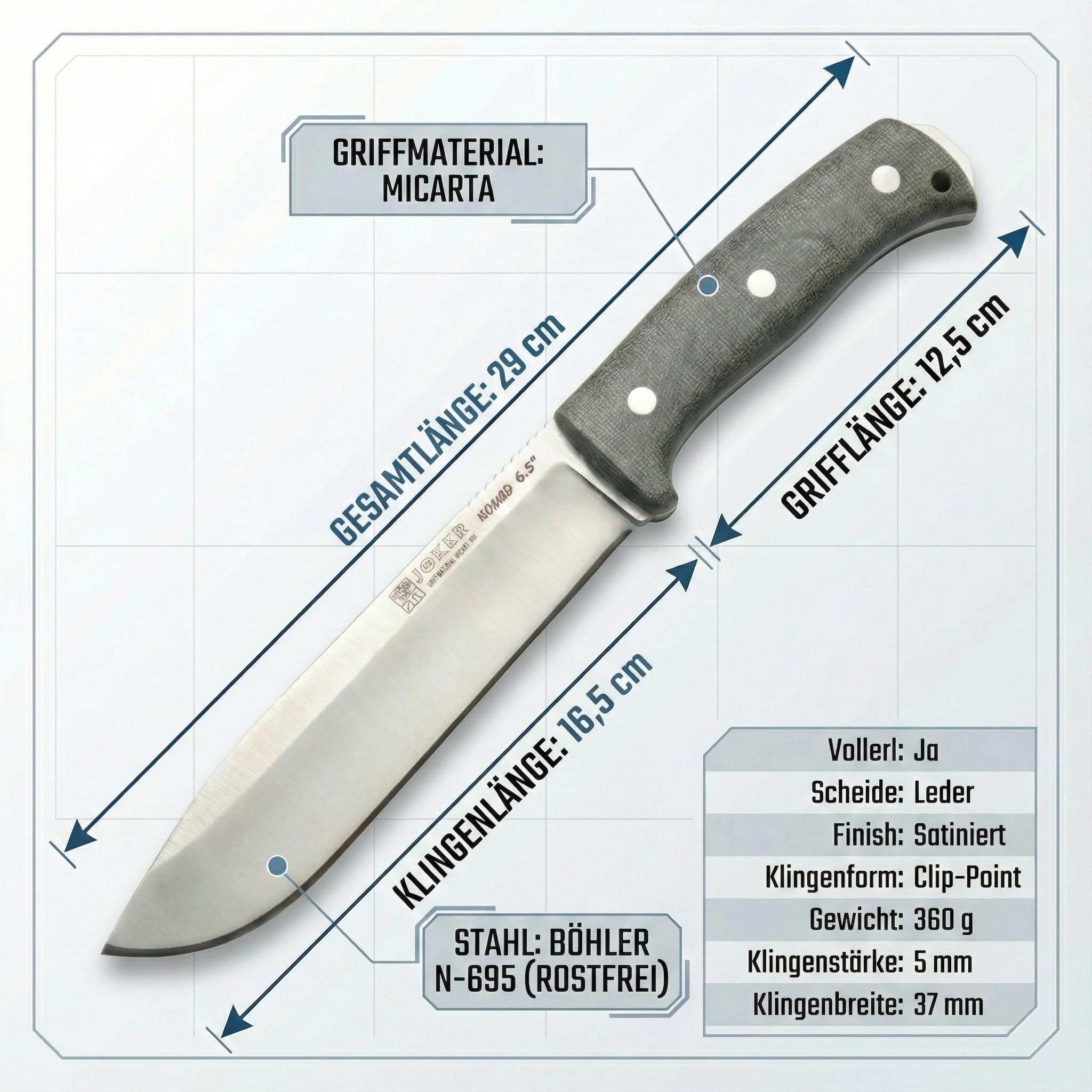 Joker Überlebensmesser Nomad 6.5" "CV137-P, mit Micarta-Canvas-Griff, 16,5 cm Klinge, schwarze Lederscheide, inklusive Feuerstahl, Werkzeug für Angeln, Jagd, Camping und Wandern