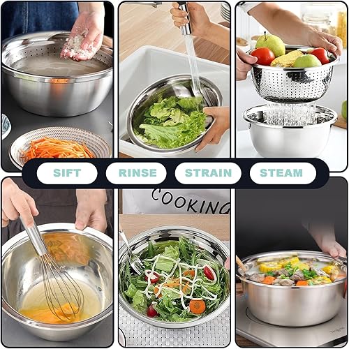 Miniatura 3 de Juego de colador de acero inoxidable 8+1 con cuenco para mezclar, 4 tamaños (1.8 cuartos de galón, 2.3 cuartos de galón, 3 cuartos de galón, 4