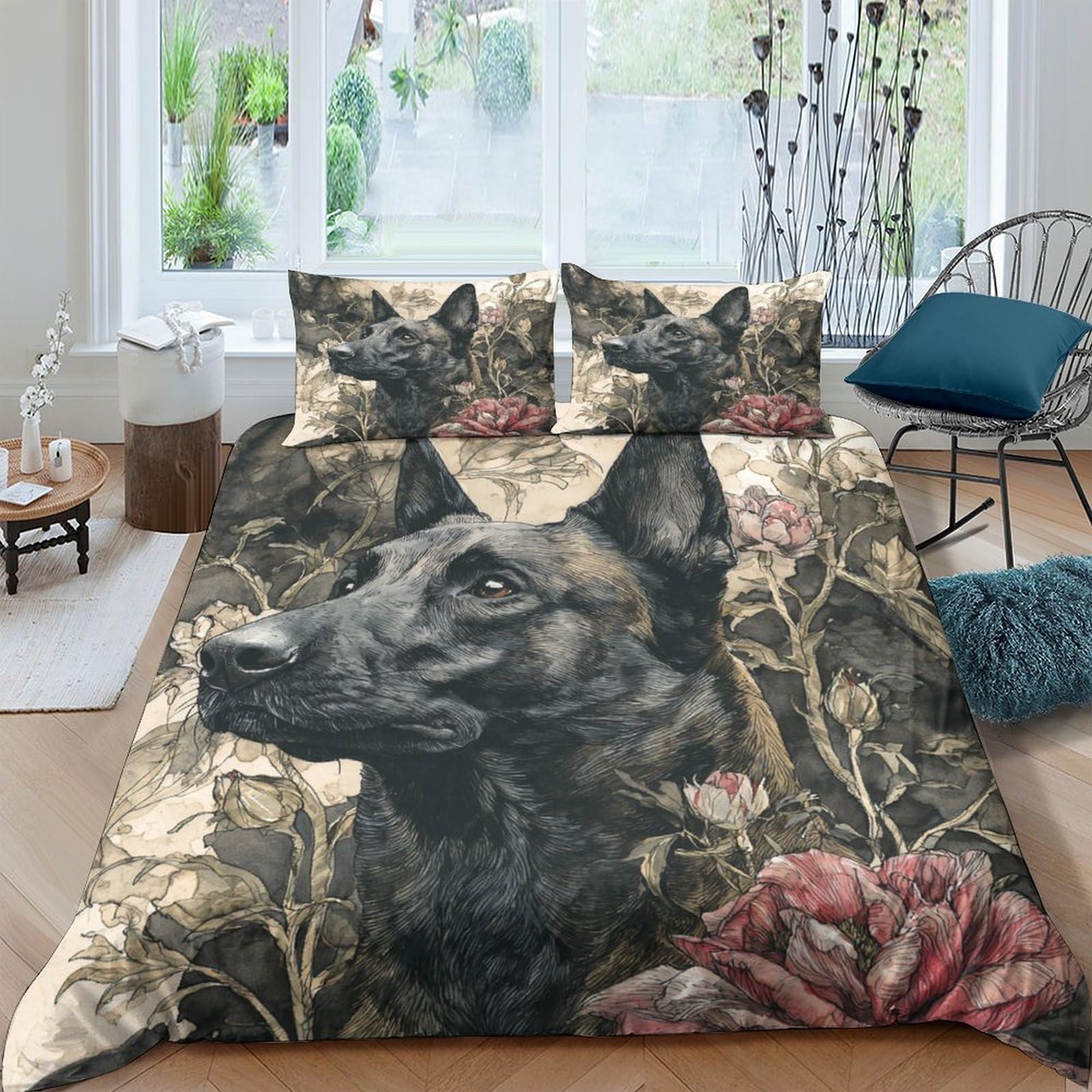 GPLZQXKJNH 3D Printed Black German Shepherd Duvet Cover Microfiber Soft Floral Bedding Set with 2 Pillowcases for Bedroom Decor Single（135x200cm）