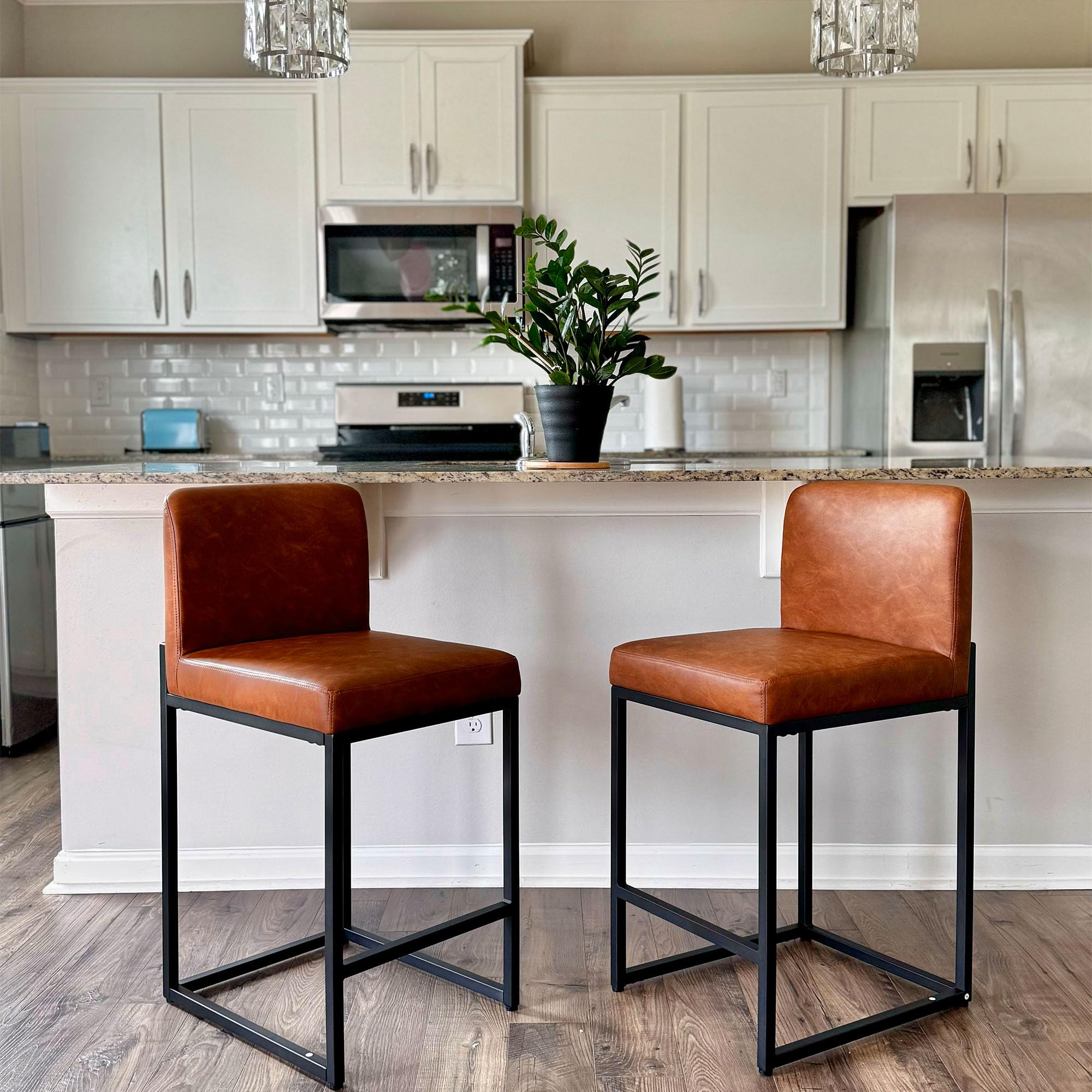 PHI VILLA Bar Stools Set of 2 - Counter Height 24'' Bar Stool Pu Leather Kitchen Modern Bar Chairs, Bar Stools with Back