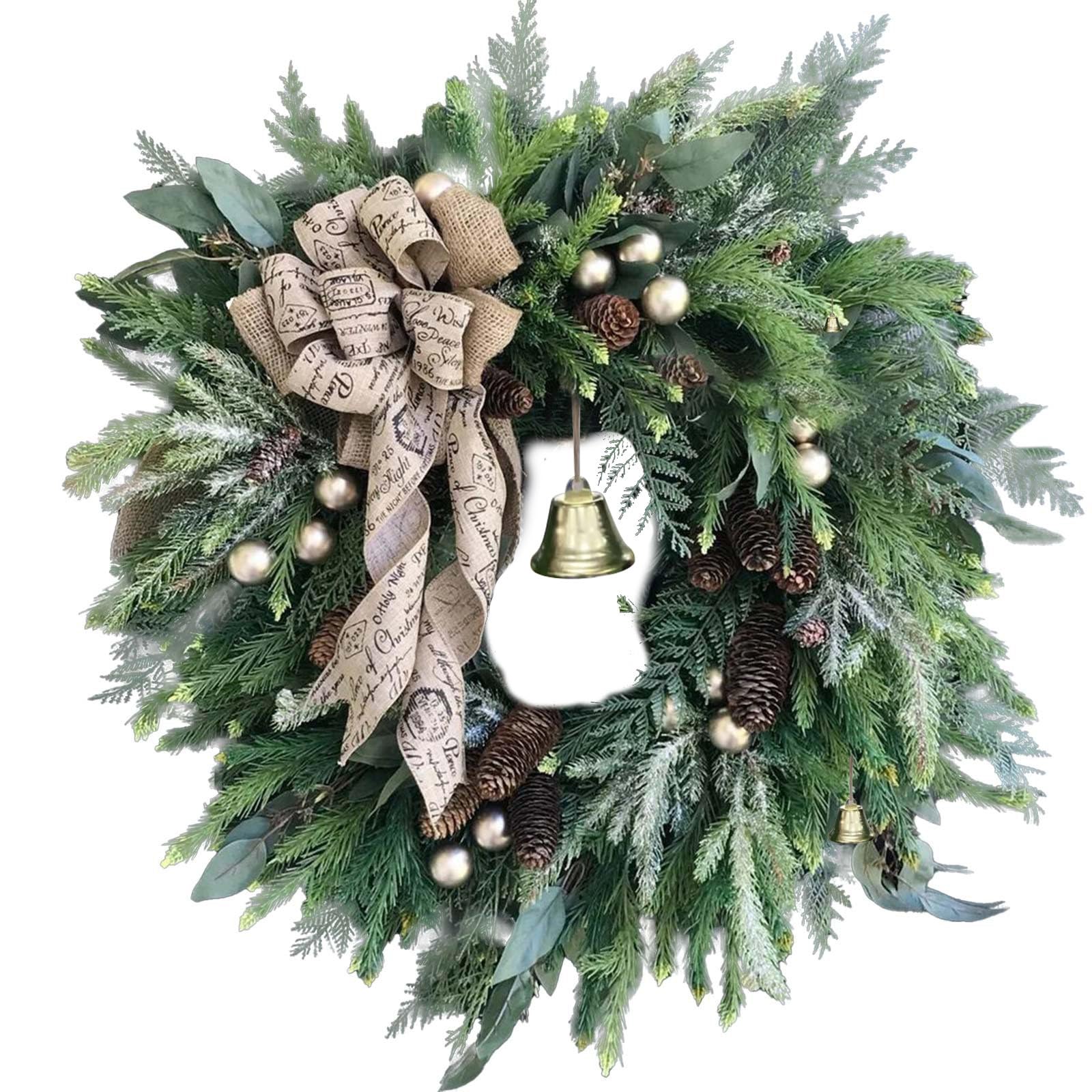 Weihnachtskranz Bauernhaus, Türkranz Weihnachten, Weihnachtsdeko Kranz Haustür, 40 cm Weihnachtsgirlande mit Kiefer und Glocken, Künstliche