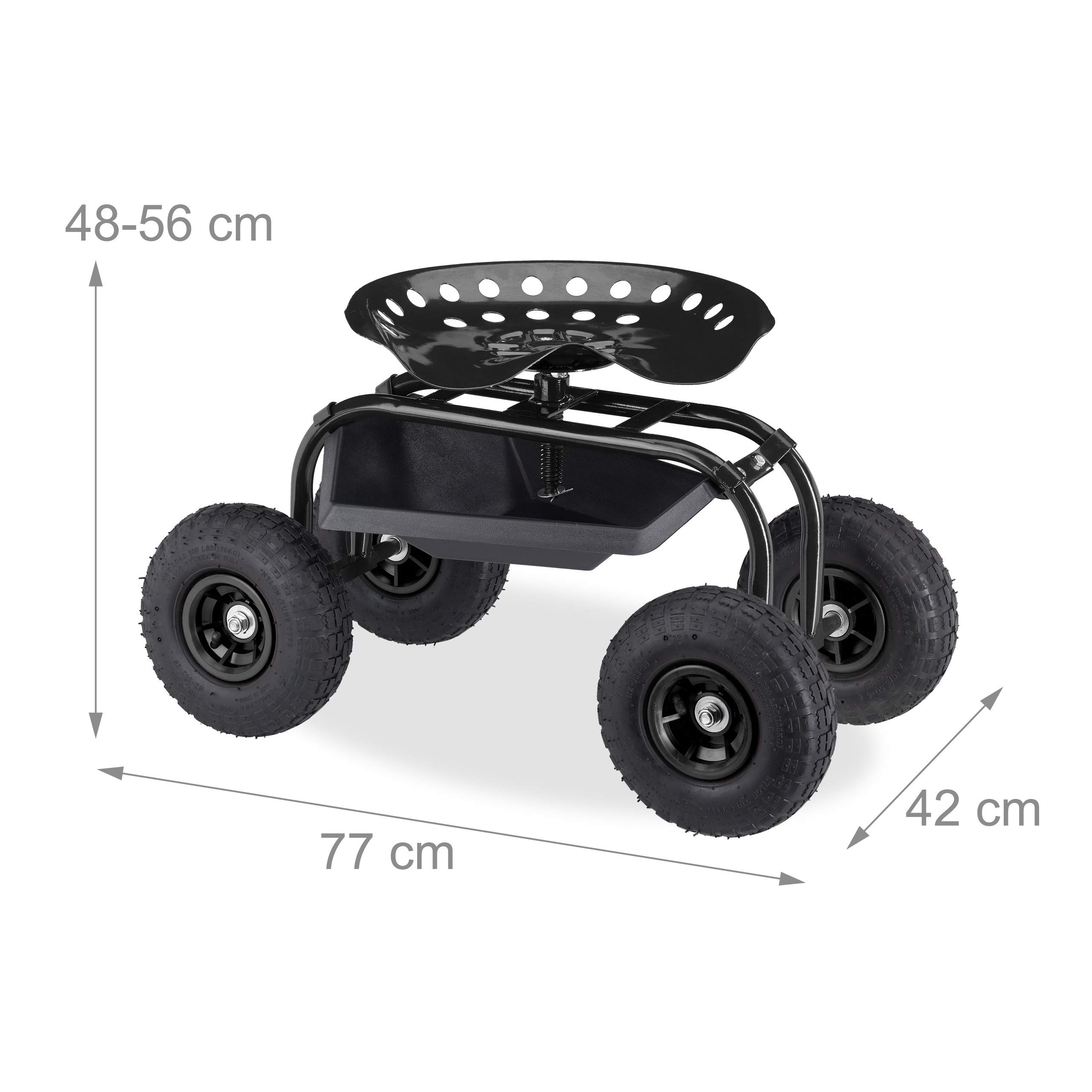 Relaxdays Siedzisko na kółkach, do ogrodu i warsztatu, 150 kg, regulacja wysokości 48-56 cm, ruchome siedzisko ogrodowe z 4 kółkami, czarne