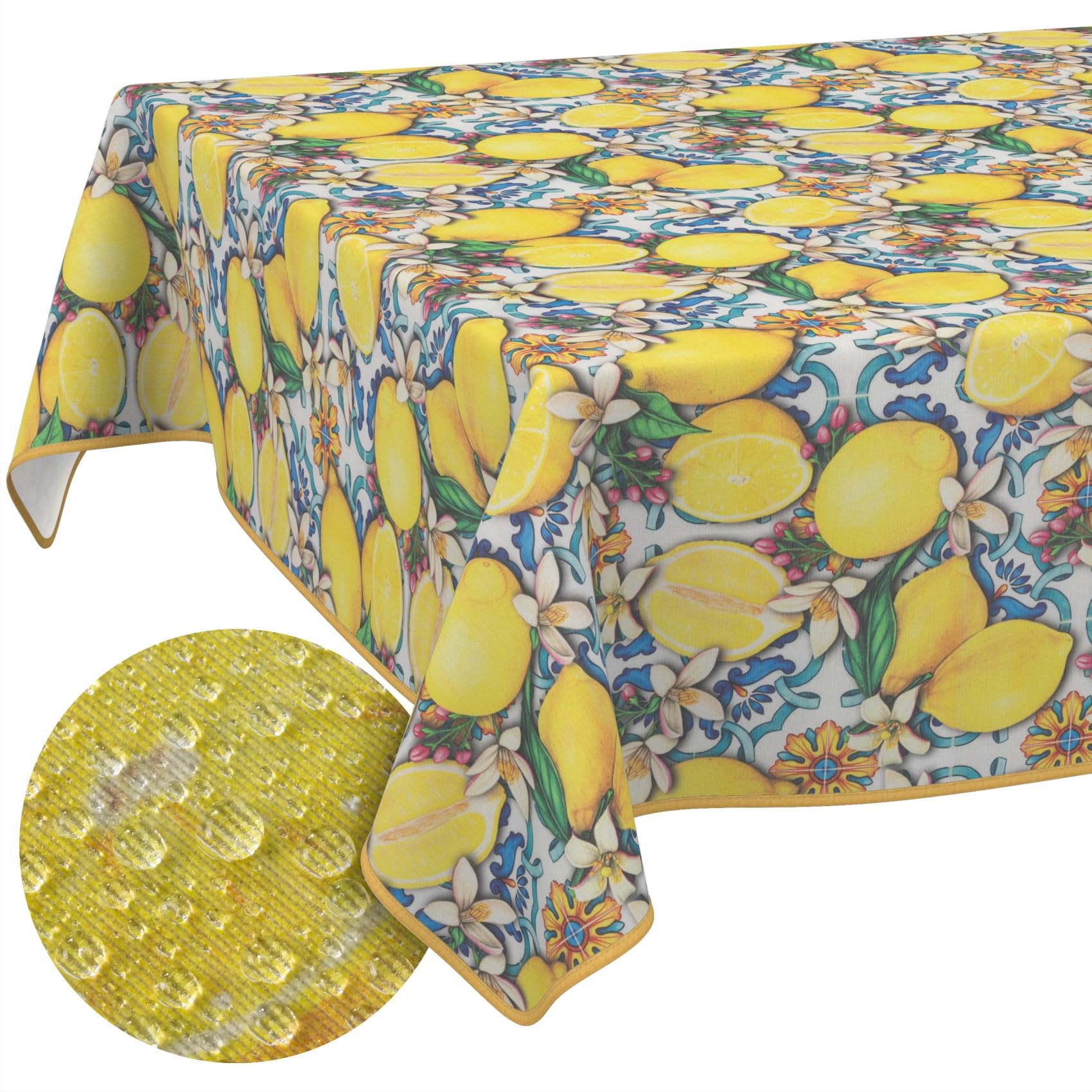 ANRO Mantel de Mesa Cocina Jardín 70% Algodón 30% Poliéster Diseño Limones Mediterráneo Antimanchas Bordes Cortados 260x140 cm
