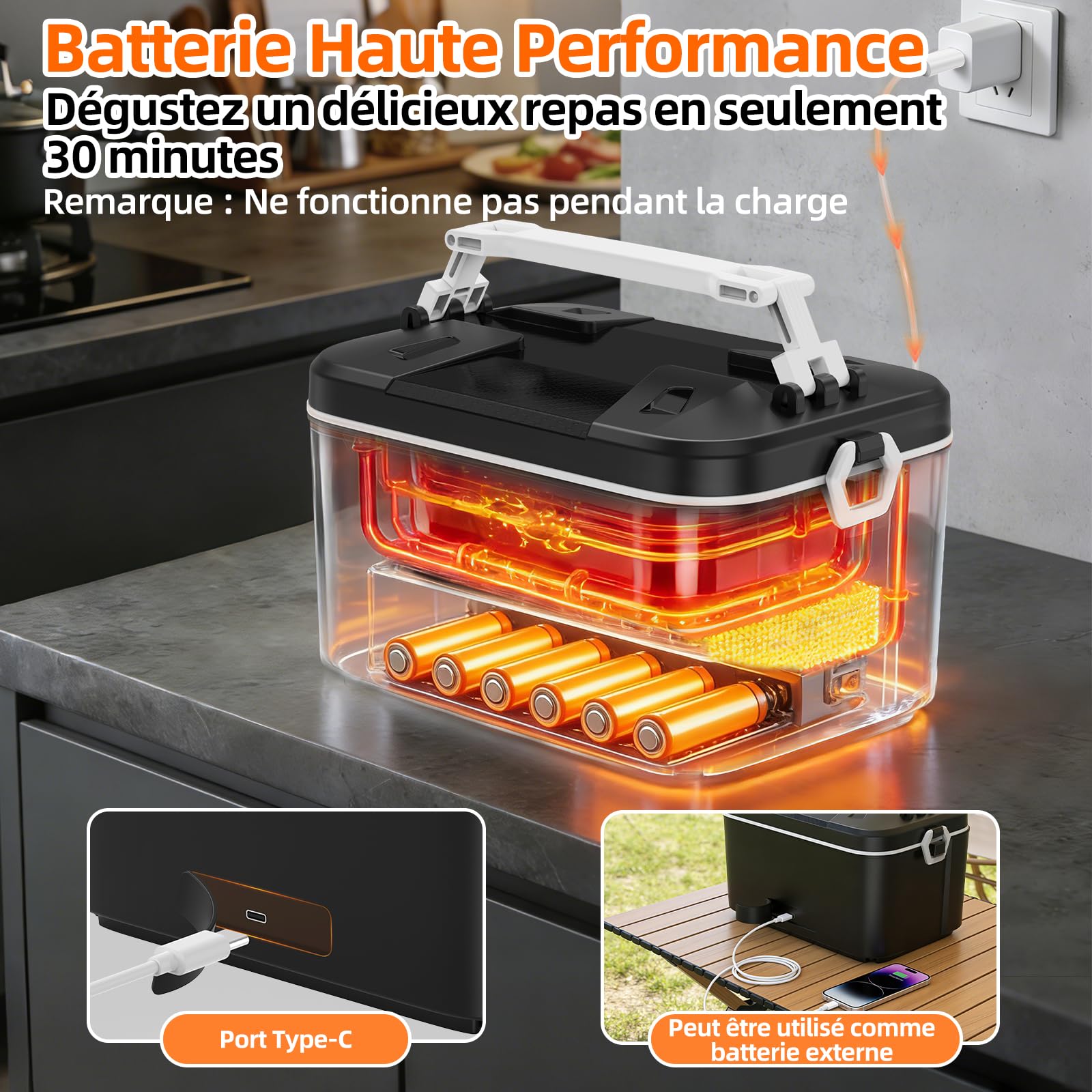 Gamelle Chauffante 100W Lunch Box Chauffante Electrique | 1,2L aveBatterie Réservation et Réglage Température, Boite Repas Chauffante Inoxydable 5 Modes pour Bureau Voiture Cuisine