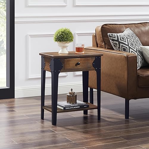 Art Leon Mesita de noche vintage, mesa auxiliar con cajón y estante de almacenamiento, mesita de noche con patas de metal negro para oficina en casa