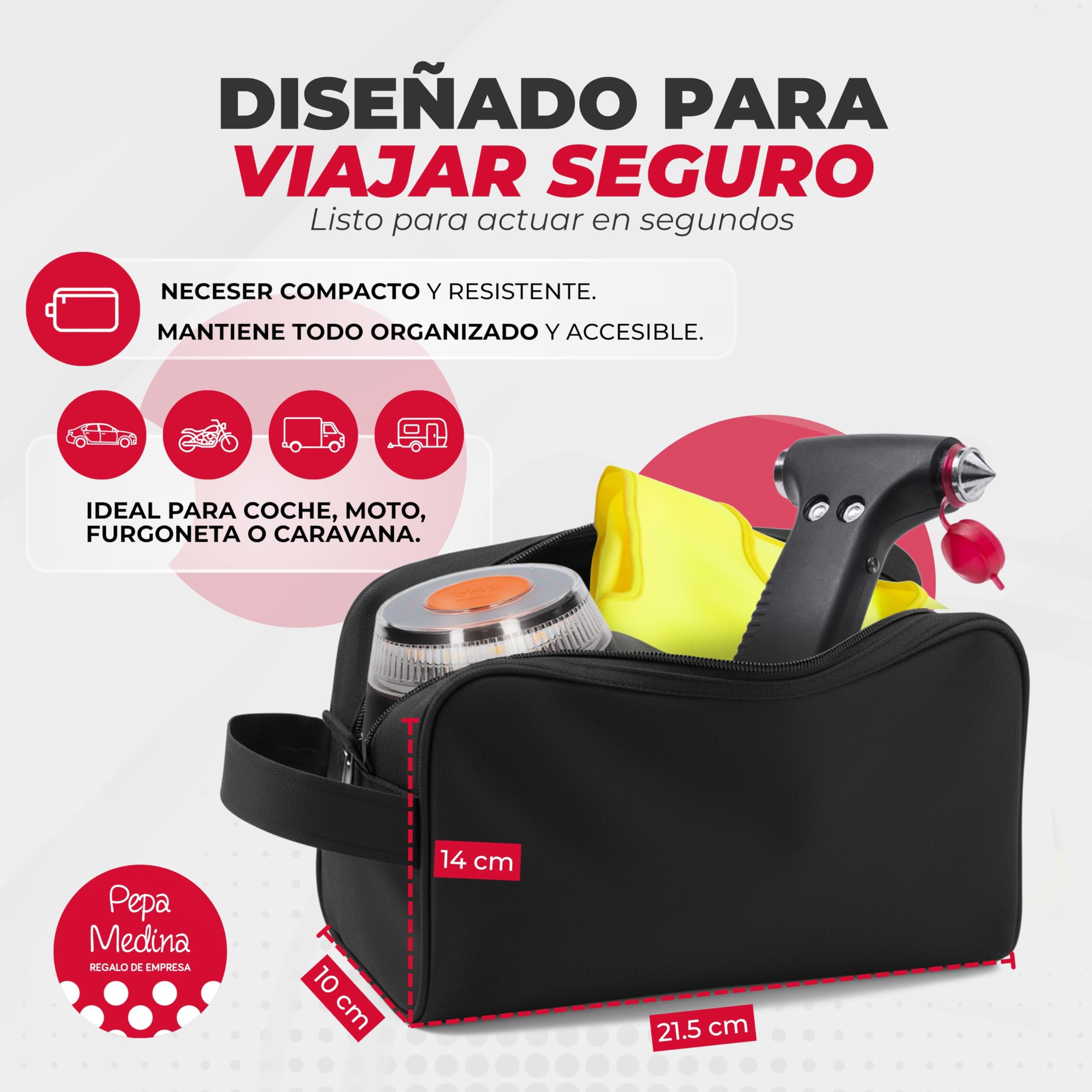 Kit Emergencia y Seguridad para Coche con Luz V16 Geolocalizada Homologada DGT 2026, Chaleco Reflectante, Martillo Multifunción, Cuchilla Cortacinturones, Linterna LED y Neceser Compacto