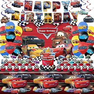 Cars Birthday Party Supplies, Party Decorations Set Include Banner, Backdrop, Balloons, Hanging Swirls, Cake Cupcake Toppers, Tablecloth for Boys Girls Cars Theme Party